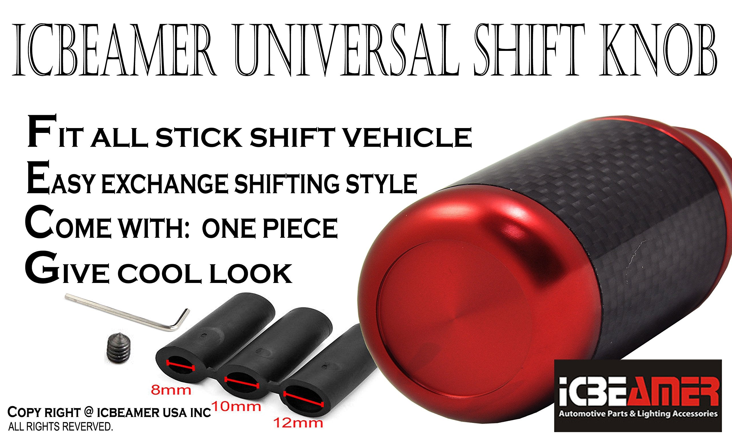 ICBEAMER Red Aluminum w/ 100% Real Carbon Fiber 2.5&quot; Shift Knob for Buttonless Automatic and 4, 5 and 6 Speed Manual Transmission Vehicles, Carbon Fiber Grip, Black Top and Bottom