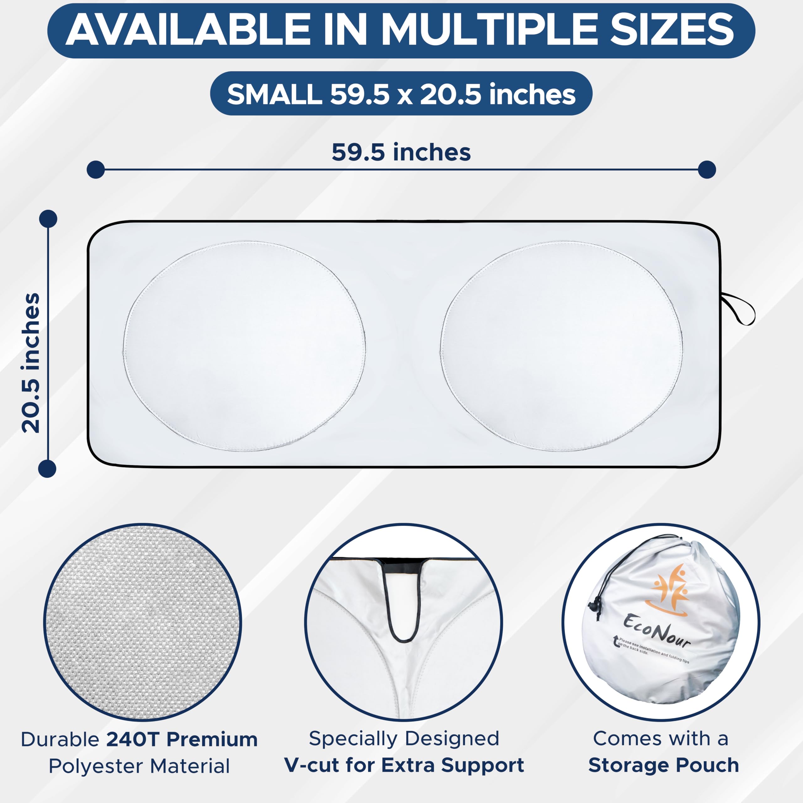 Econour Windshield Sun Shade With Mirror Cut | Foldable 240T Polyester Car Sun Shade For Heat, And Uv Rays | Windshield Sunshade