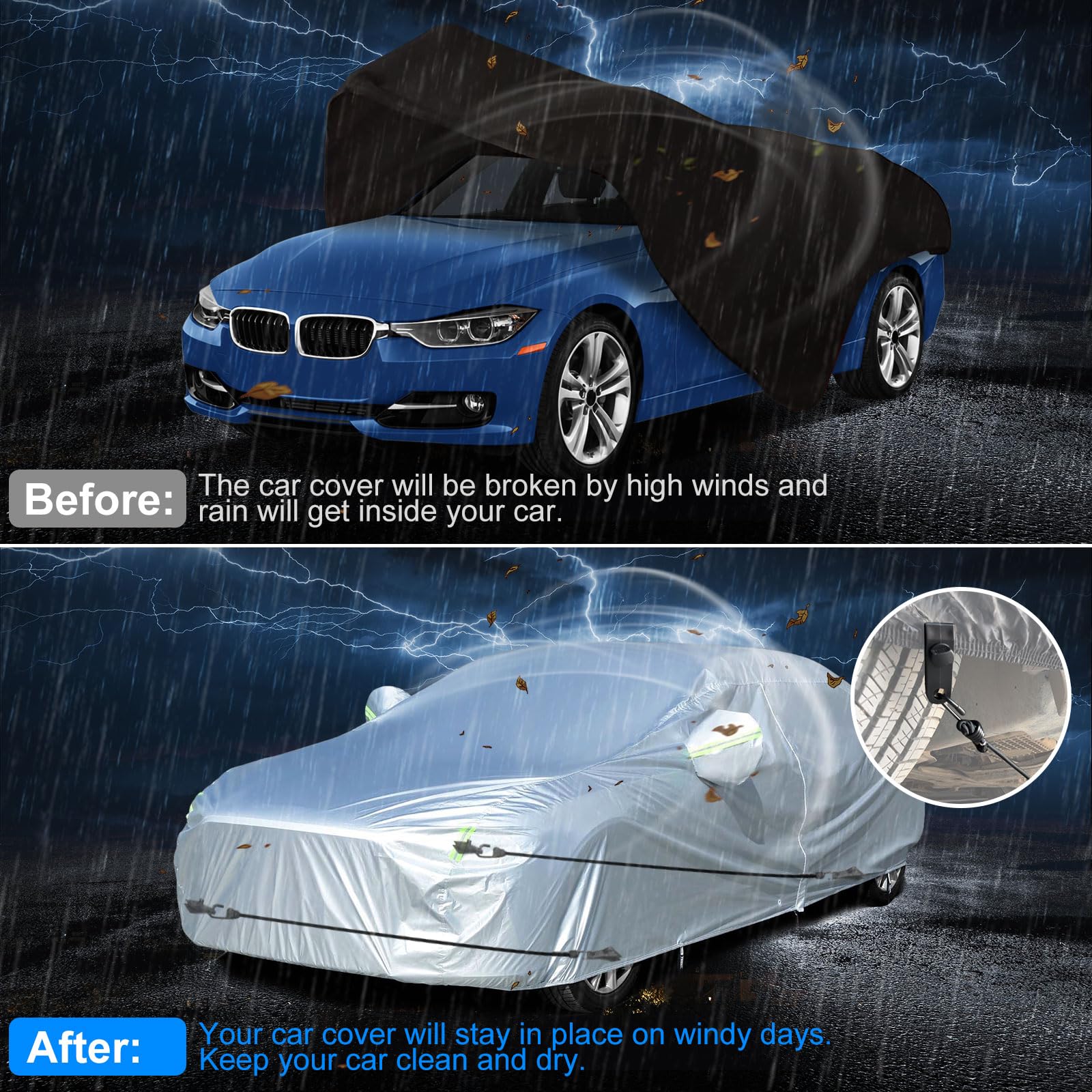 Beterny 4Pcs 50 Inch Car Cover Gust Straps, Heavy Duty Wind Protector Bungee Cords Hook Clips Kit Fit For Most Cars, Sedans, Suv