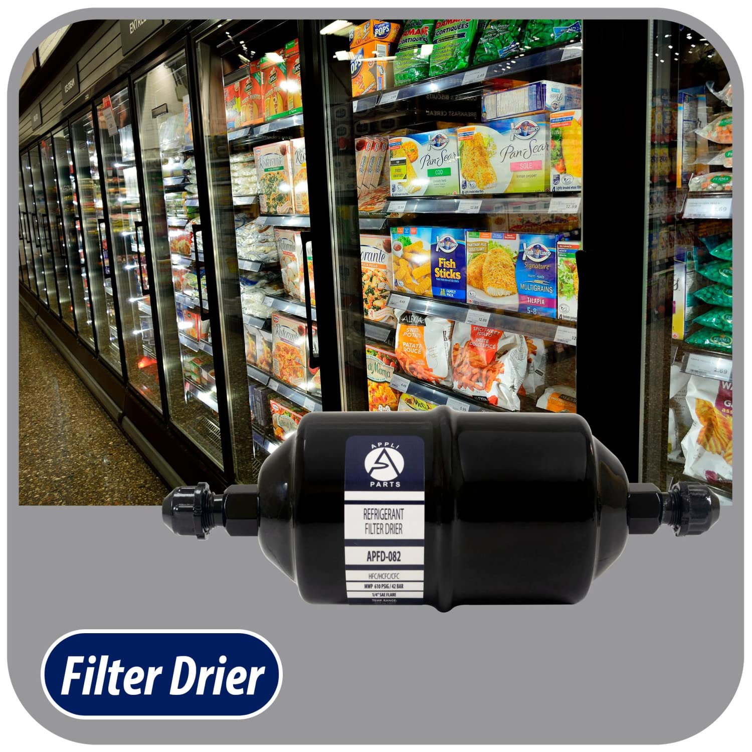 Appli Parts Apfd-082 1/4 In Liquid Line Refrigerant Ac Filter Drier Hvac Refrigeration 082 Sae Flare Connection Universal Unidirectional 6In Long 2-1/4 In Wide