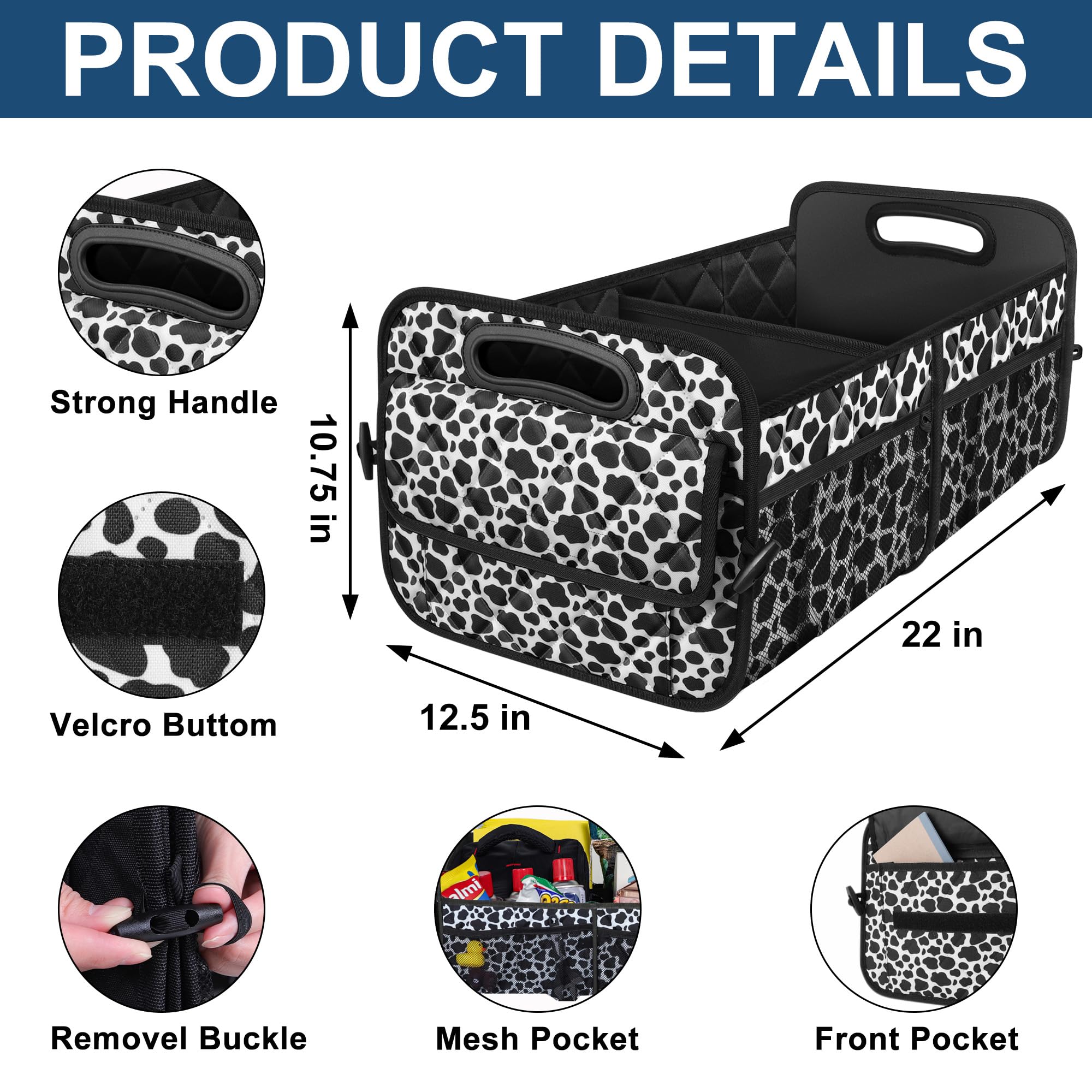 Deosk Car Organizer For Suv - 6 Big Pocket Trunk Storage With Waterproof Polyester, Car Accessories For Women/Men, Cow Print (Me