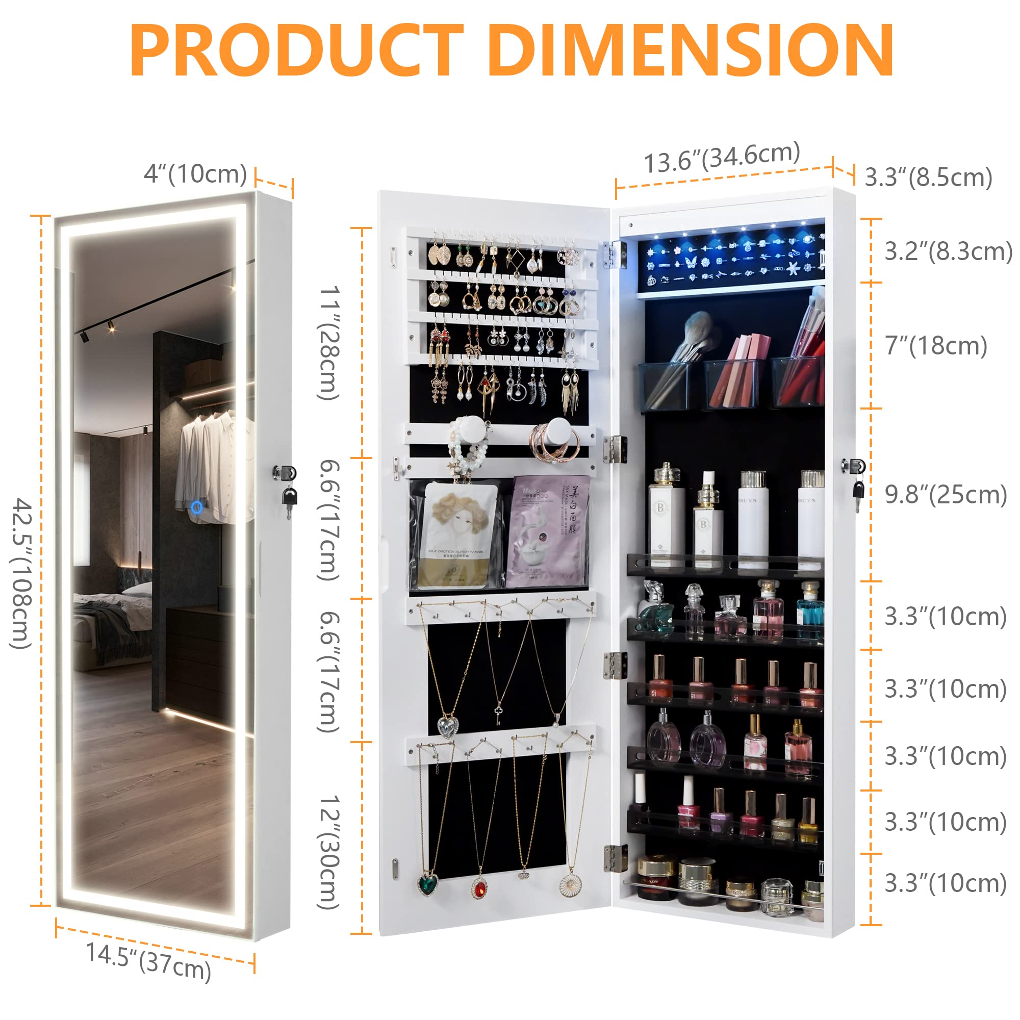 Lvsomt Led Mirror Jewelry Cabinet, Wall/Door Jewelry Organizer Armoire, Full Length Mirror With Jewelry Storage, Over Door Jewel