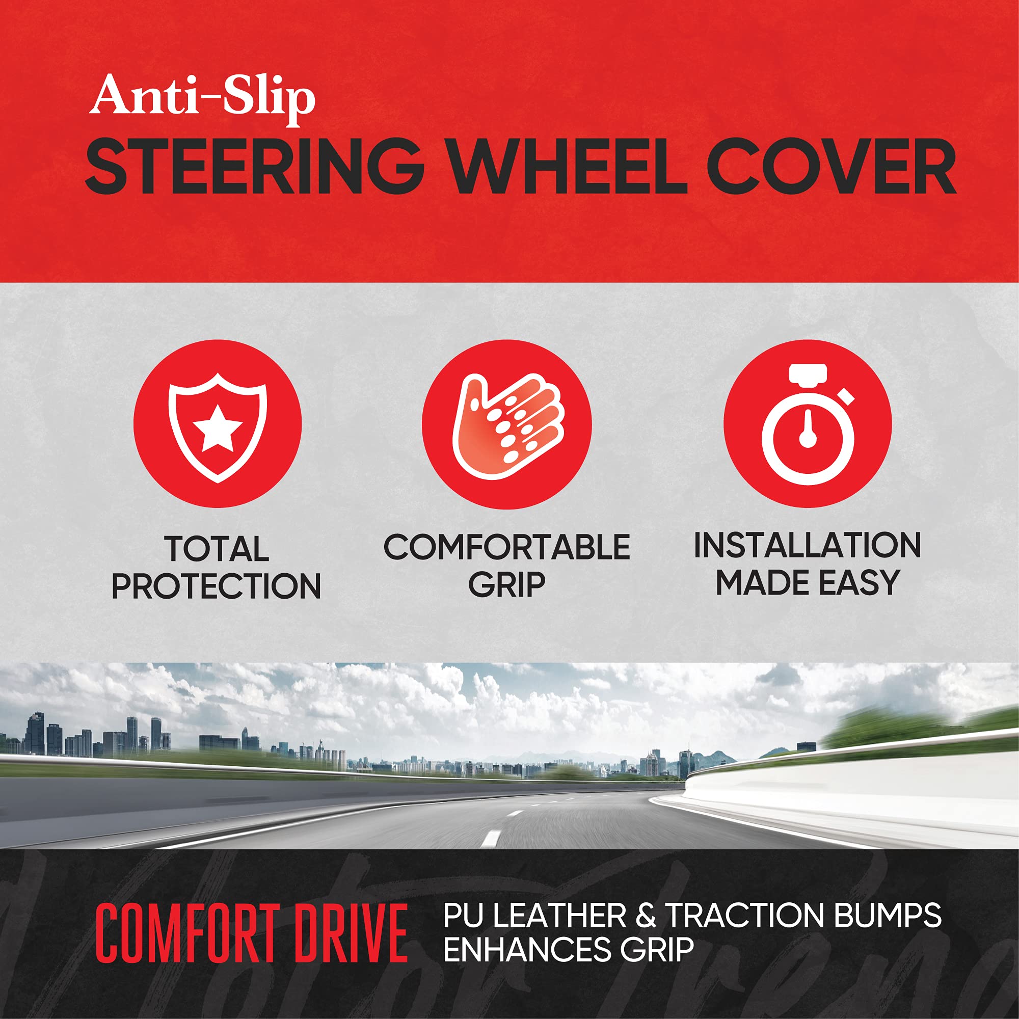 Motor Trend UltraSport White Carbon Fiber Steering Wheel Cover, Standard 15 inch Size, Black Faux Leather Comfort Grip, Car Stee