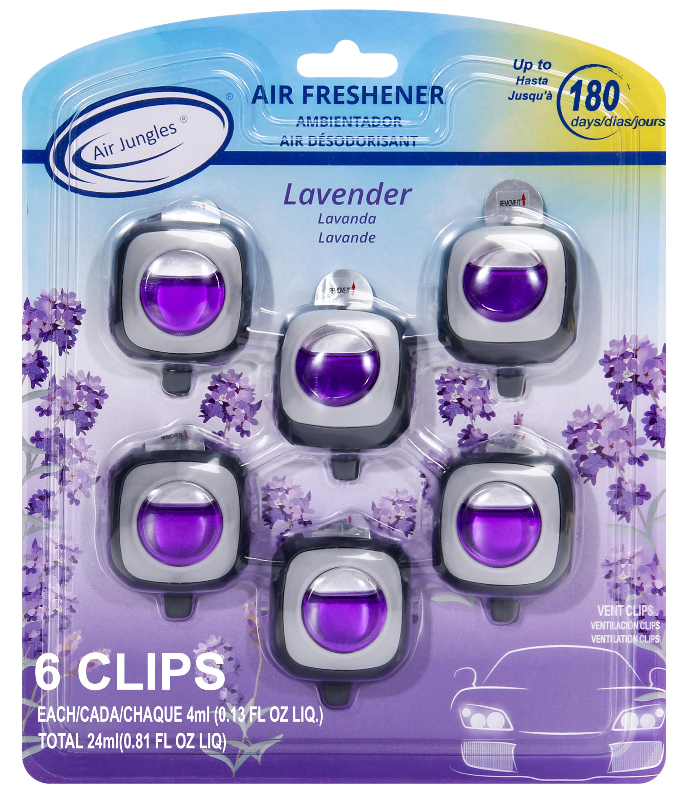 Air Jungles Lavender Scent Car Air Freshener Clip, 6 Vent Clips, 4Ml Each, Long Lasting Air Freshener, Up To 180 Days Car Refres