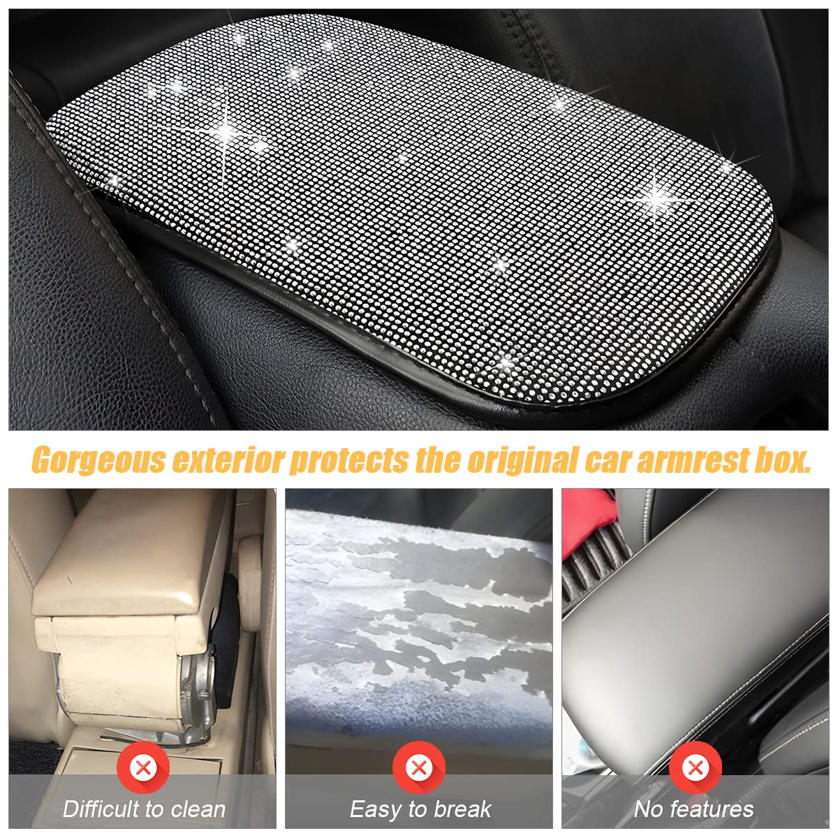 Bling Center Console Cover, Diamond Fashion Armrest Pad, Crystal Soft Arm Rest Protective Cushion, Car Accessories For Women Girls, 11.8'×8.5' For Most Of Vehicles, Suvs, Trucks (Black&White)