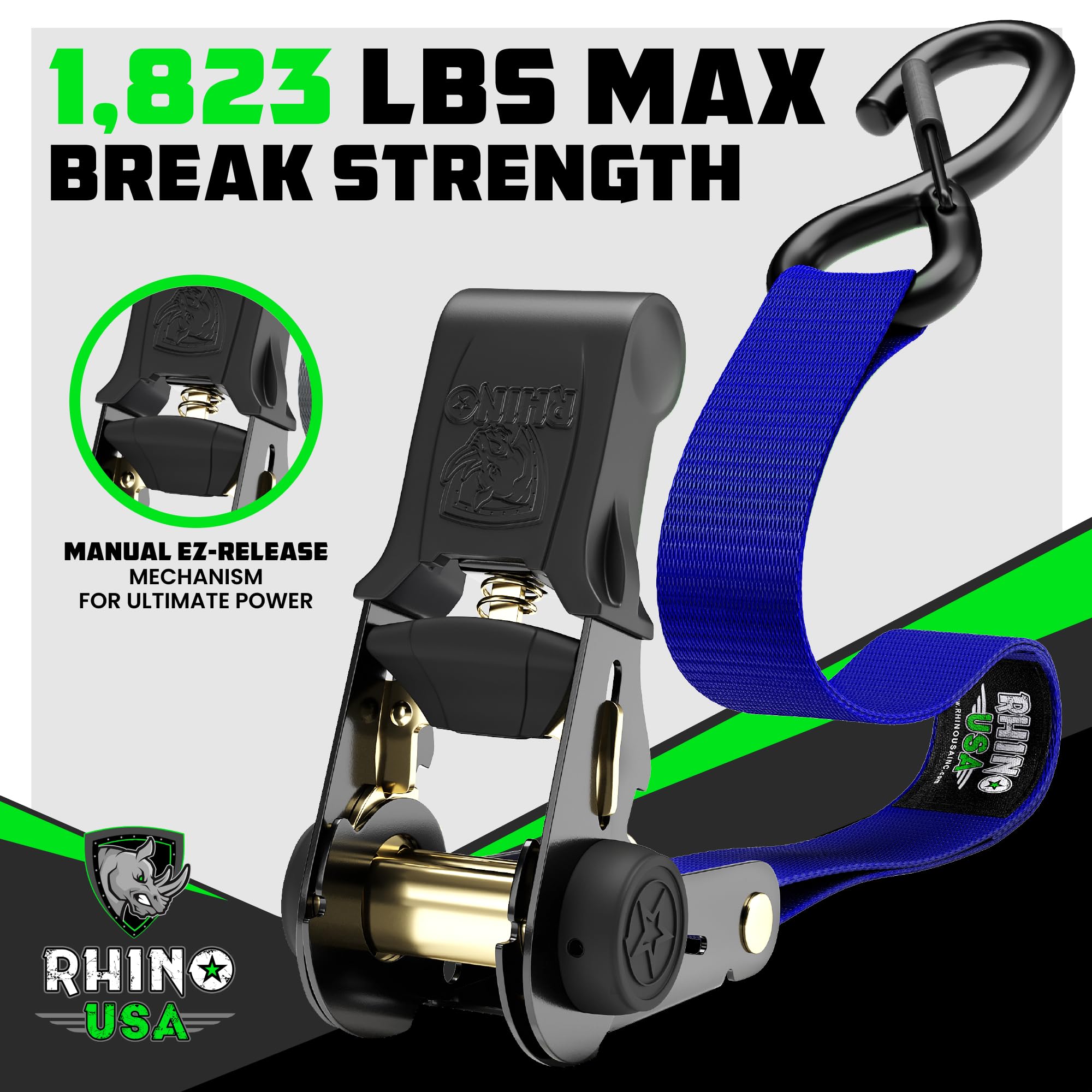 Rhino Usa Ratchet Straps Tie Downs (4-Pack) - 1 Inch X 15 Feet (1,823Lb Break Strength) - Ultimate Tie Down Straps With Safety S