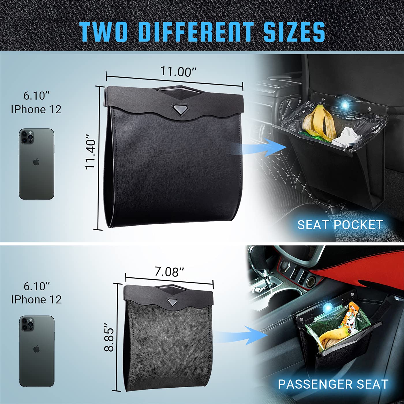 Creomg Car Trash Bag, Superior Pu Leather With Led Light And Magnet Closure Design, Bundle With Tissue Box And 30 Disposable Inn