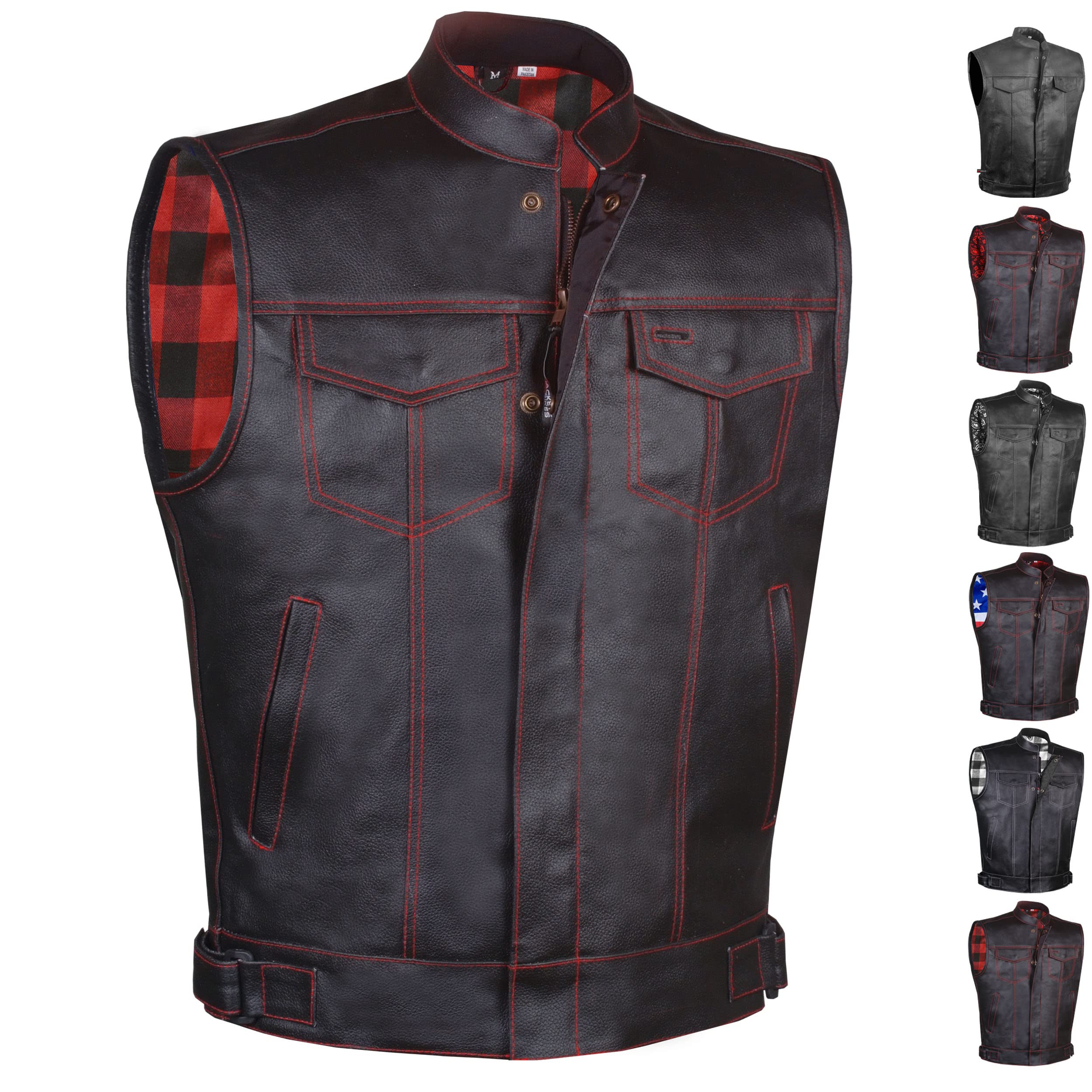 Soa Men 'S Premium Leather Motorcycle Vest With Biker Club Concealed Carry Gun Pockets W/Armor Flannel Red Xl