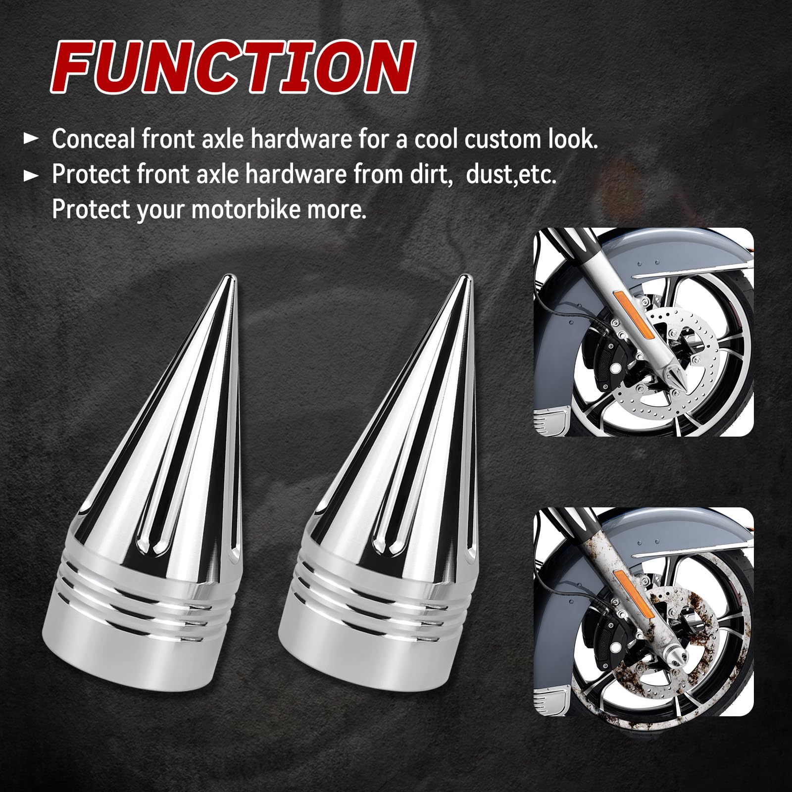 YHTIMIOX Front Axle Nut Covers - 3.6" CNC Spike Caps for Harley Touring & Dyna - Chrome Finish