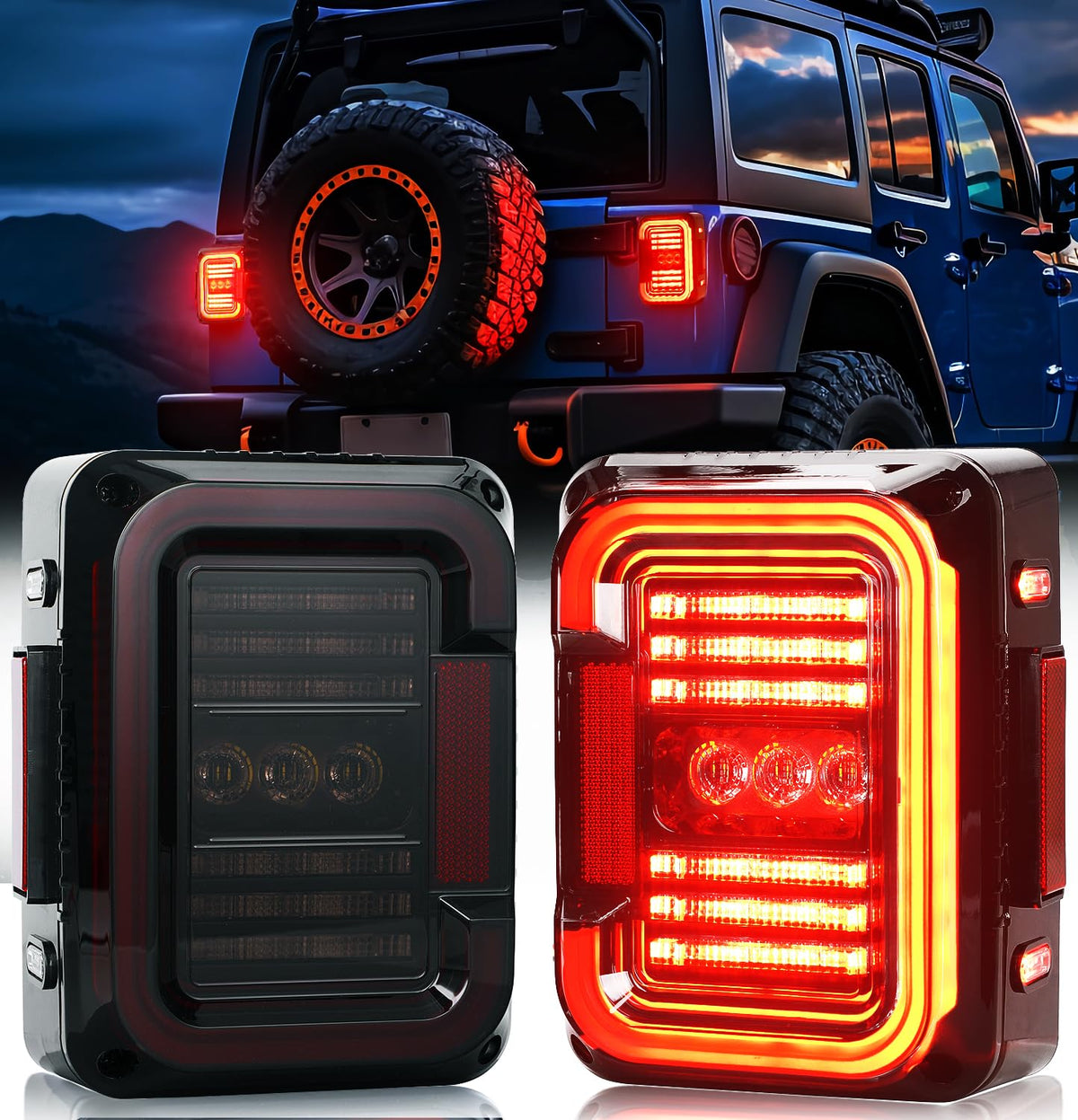 AUDEXEN LED Tail Lights Compatible with Jeep Wrangler JK JKU 2007-2018, Unique C Shaped Design Smoked Lens, 20W Reverse Lights, 