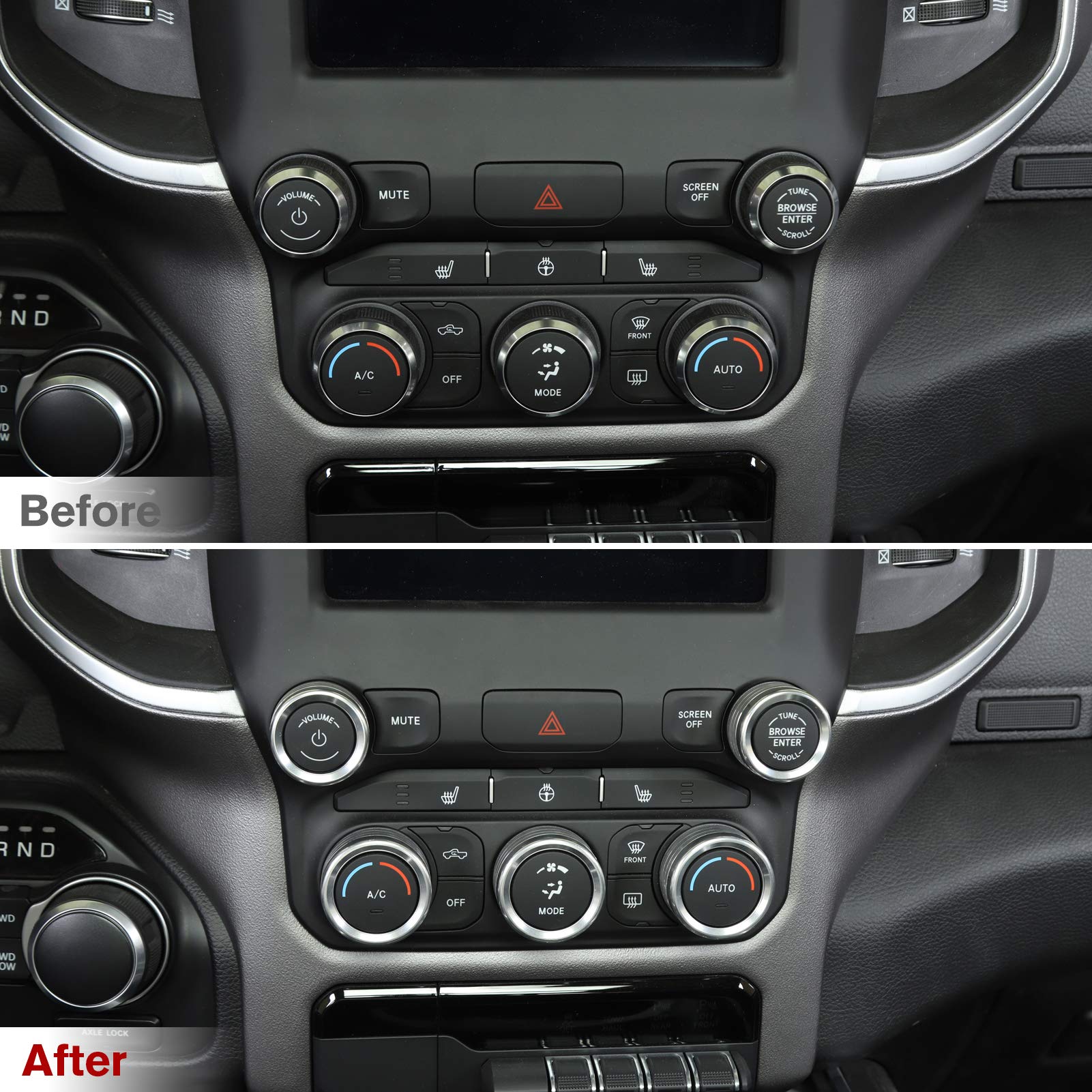 Voodonala for Dodge RAM Aluminum Center Console AC Radio Switch Knob Cover for 2018-2025+RAM Interior Accessories, 5pcs Silver