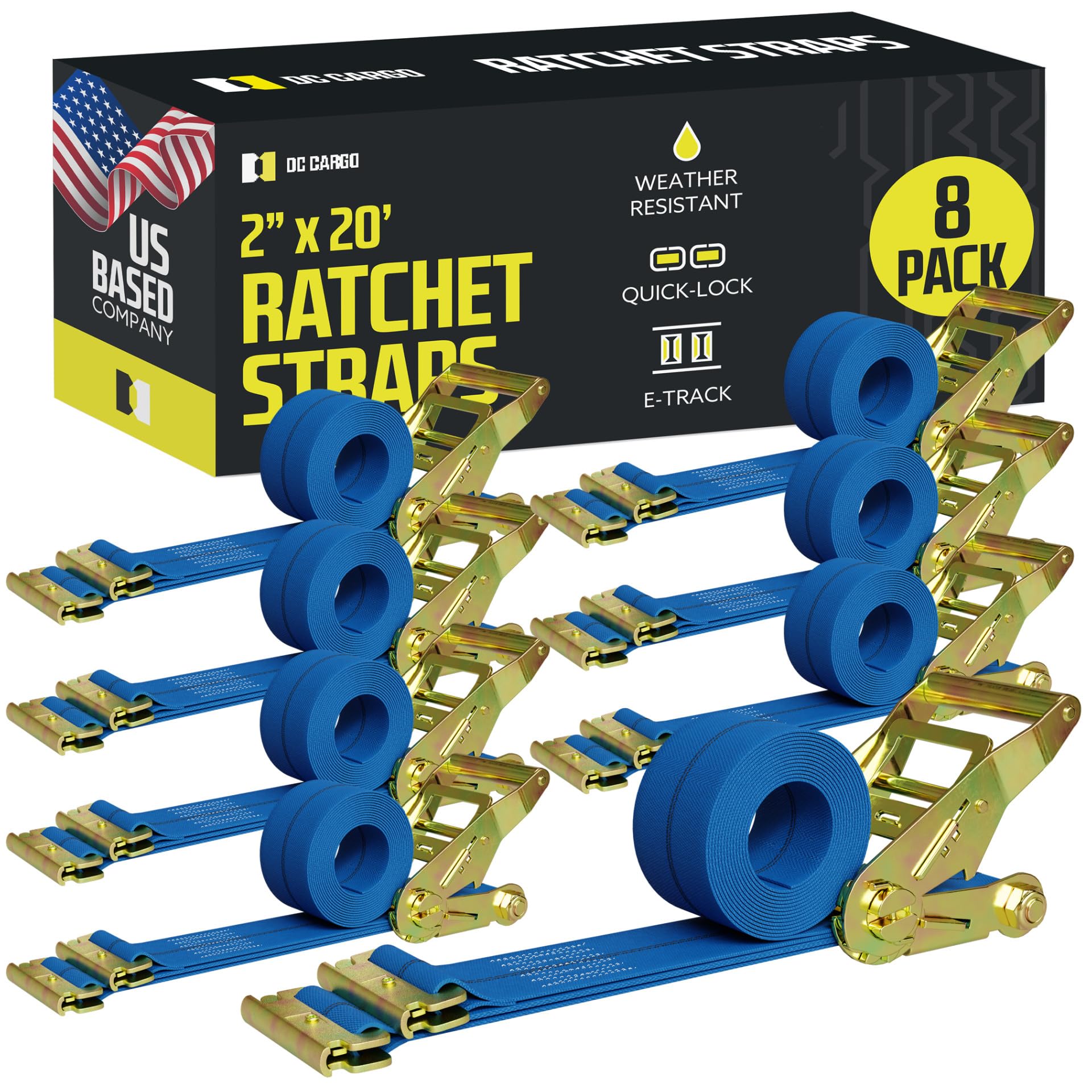 Dc Cargo Mall E Track Ratchet Straps Cargo Tie-Downs, (Pack Of 8) 2 X 20 Heavy Duty Blue Tie-Down Rachet Straps, Strong Ratchet