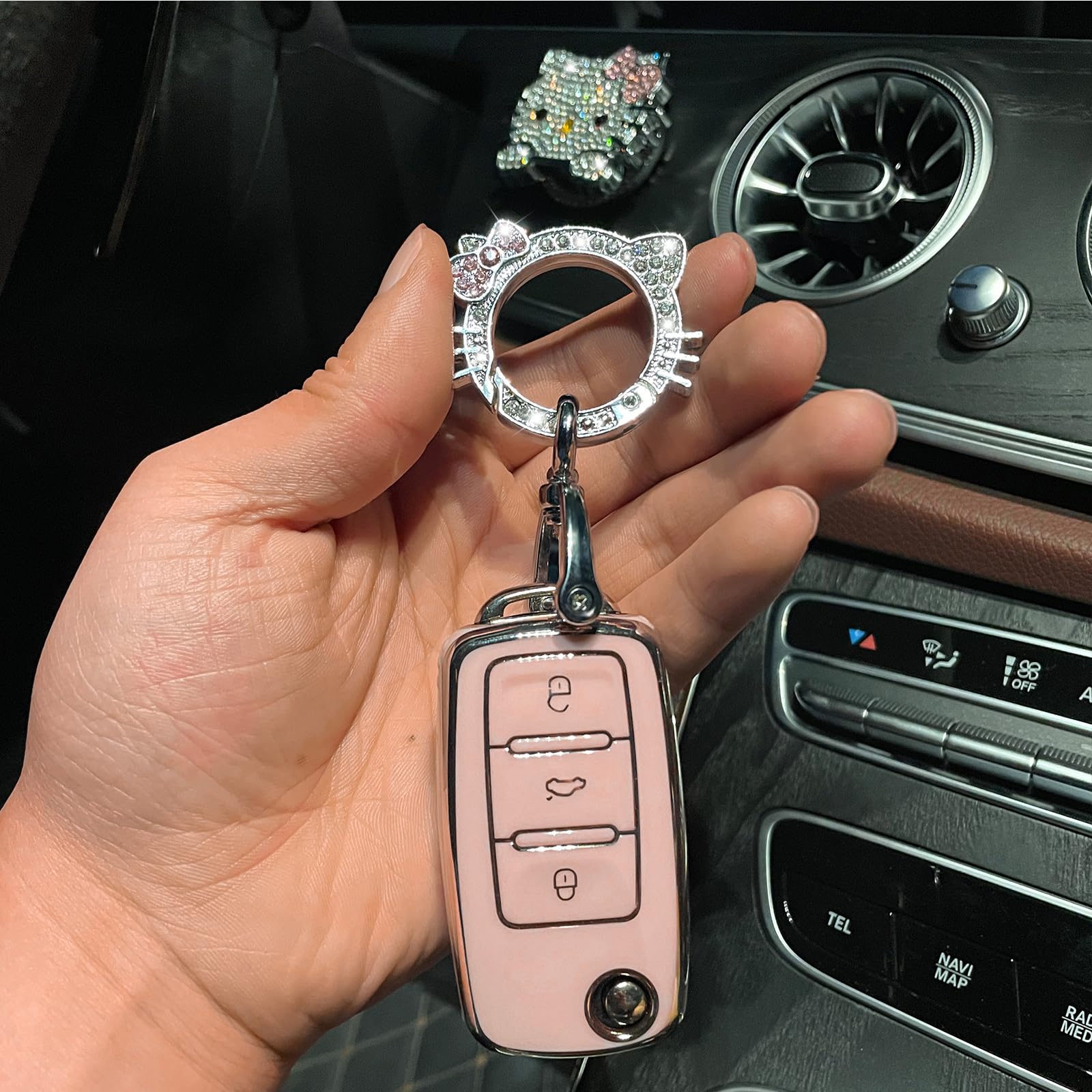 Pangpai Pink Car Accessories 3 Pcs For Vw Volkswagen Jetta Golf Polo Mk6 Passat Tiguan Beetle Key Fob Cover With Bling Keychain