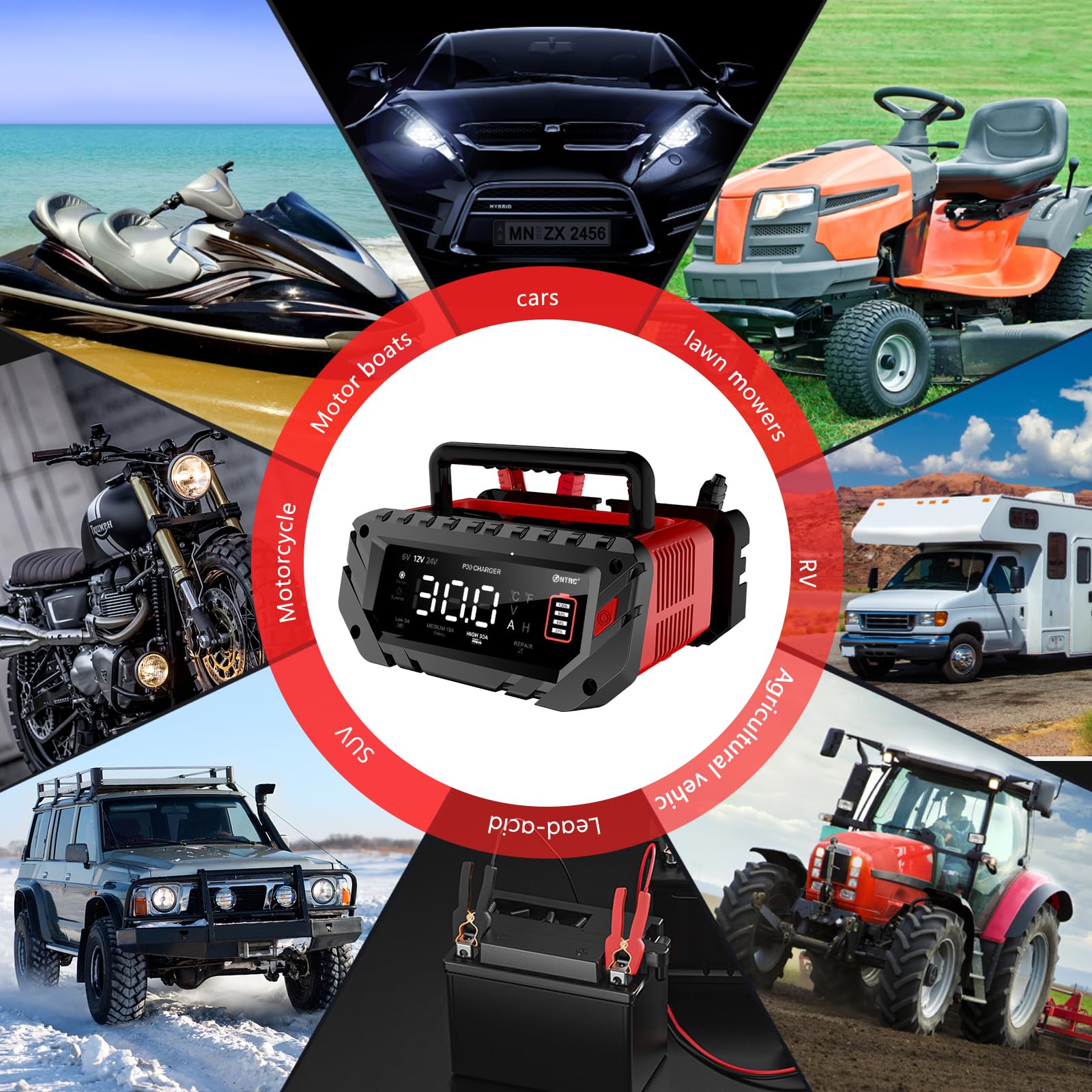 Yhchkj 30 Amp 6V/12V/24V Smart Trickle Charger, Car Battery Charger, Lithium, Lifepo4, Lead Acid (Agm/Gel/Sla) Battery Maintainer, Desulfurizer, For: Car, Boat, Motorcycle, Lawn Mowers