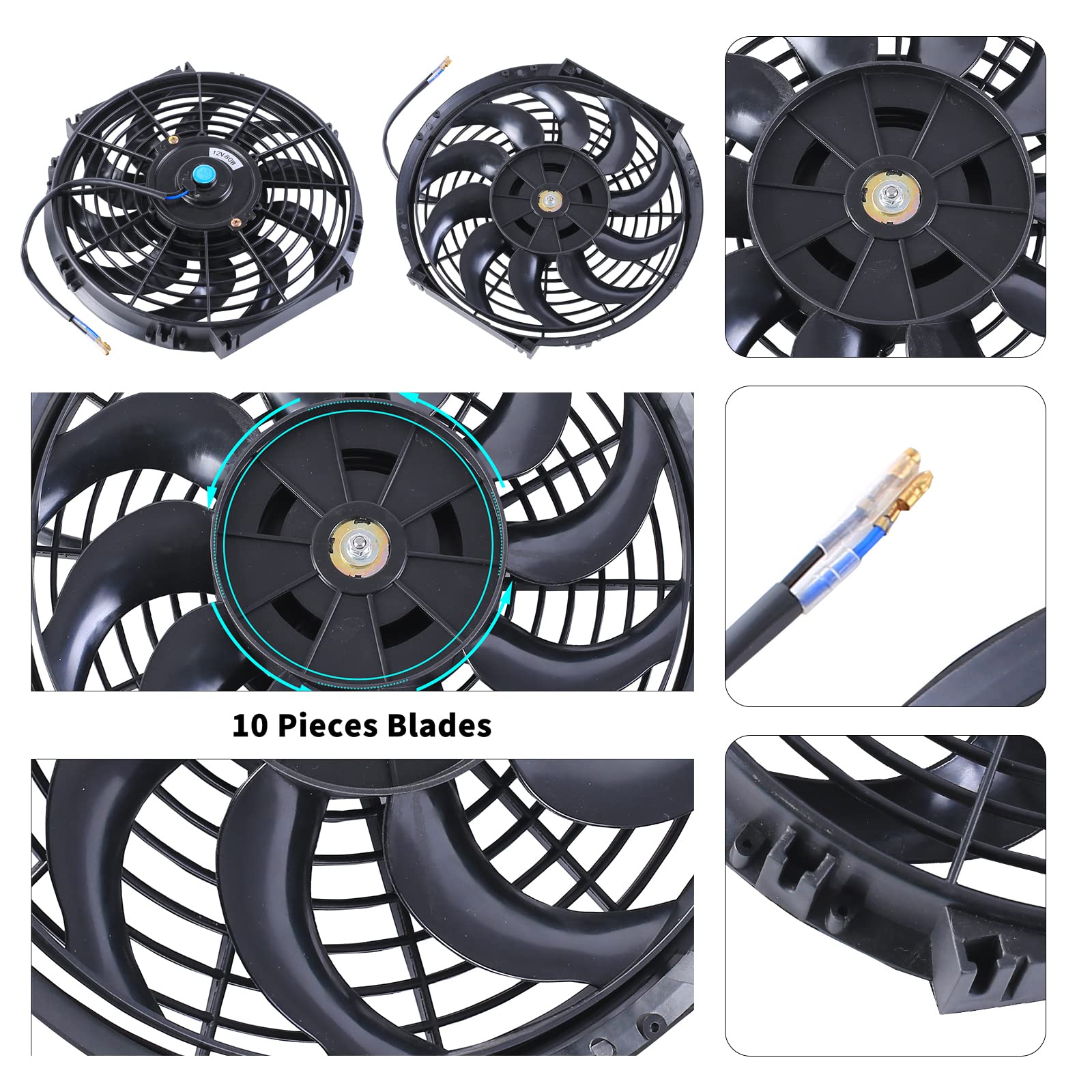Fgjqefg 12 Inch Universal Slim Fan Push Pull Electric Radiator 12V 80W High Performance Cooling Fan Mount Kit Black 2 Pcs