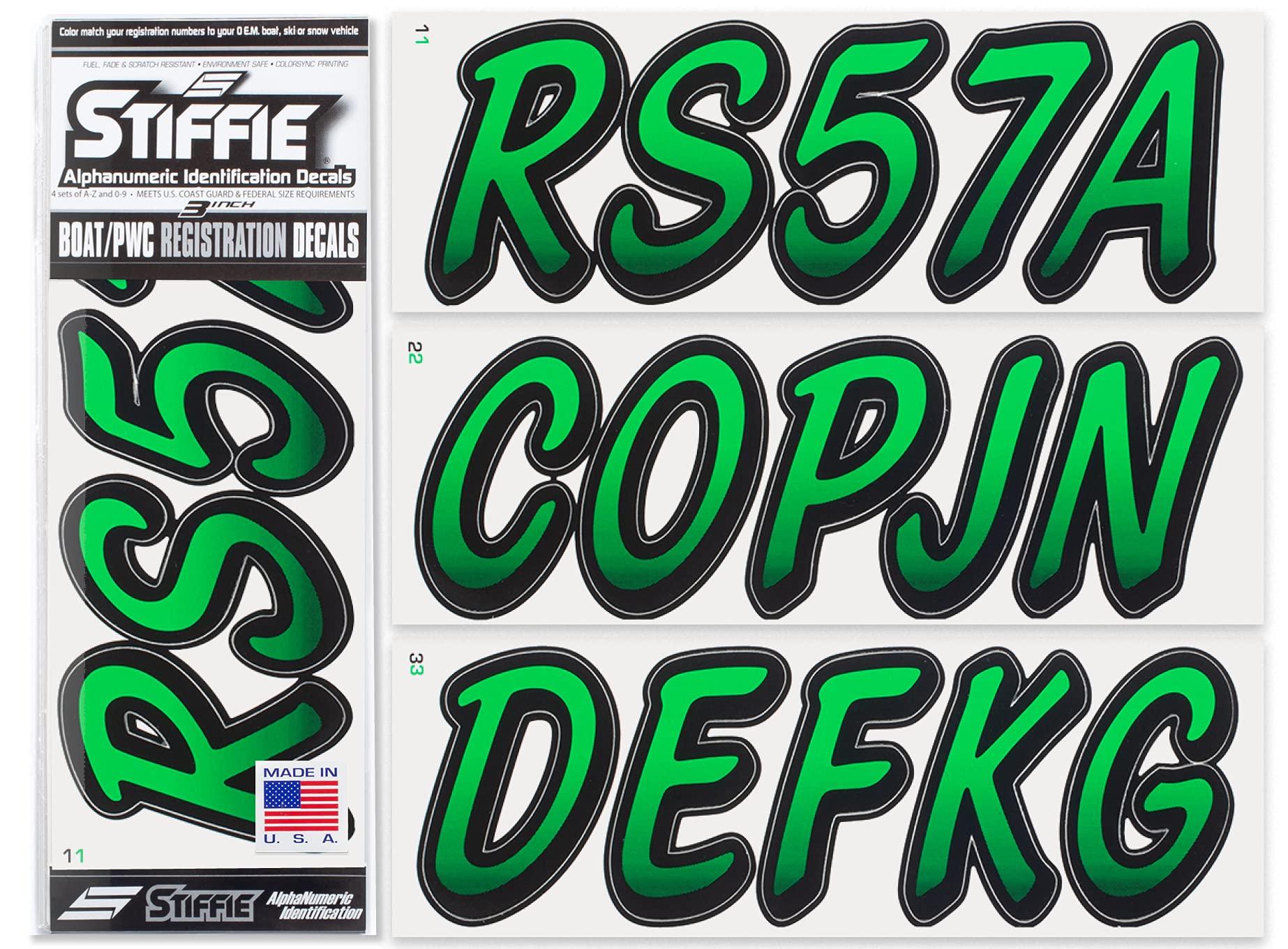 Stiffie Whipline Green/Black 3'' Boat & Pwc Registration Decals  Numbers Letters Stickers