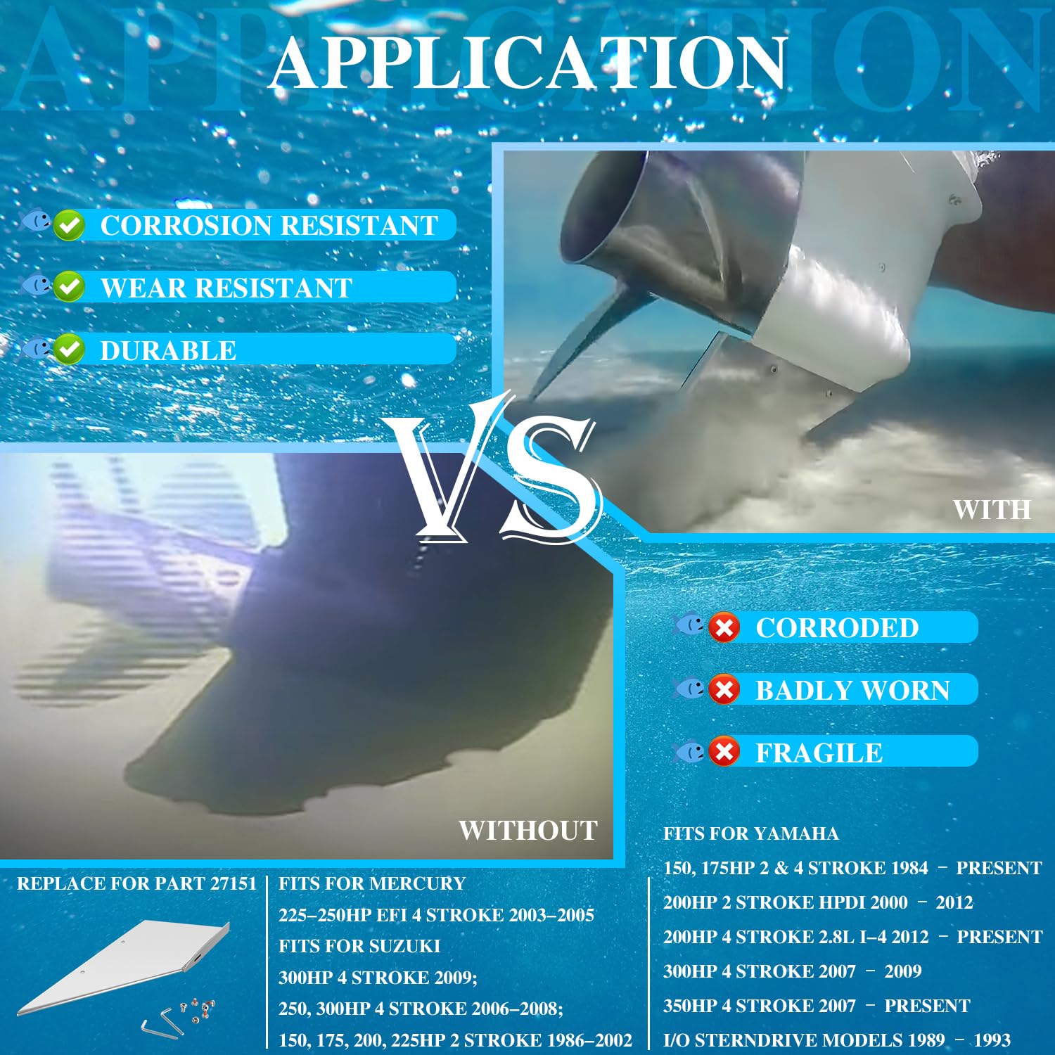 27151 Stainless Steel Skeg Guard Fix Damaged Skeg Fit For Yamaha 150-175Hp 2/4 Stroke / 200Hp 2 Stroke Hpdi /200 Vmax / 200Hp 4 Stroke 2.8L I-4 / 300Hp 4 Stroke