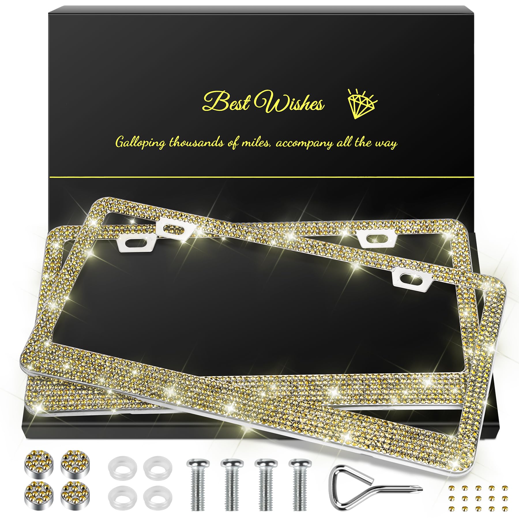 Quanqiufei 2 Pack Bling License Plate Frames For Women, Sparkly Rhinestone Diamond Car Accessories With Glitter Crystal Caps (Go