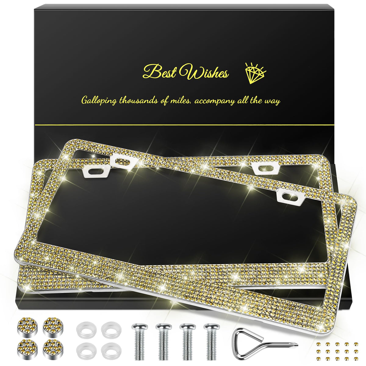 Quanqiufei 2 Pack Bling License Plate Frames For Women, Sparkly Rhinestone Diamond Car Accessories With Glitter Crystal Caps (Go