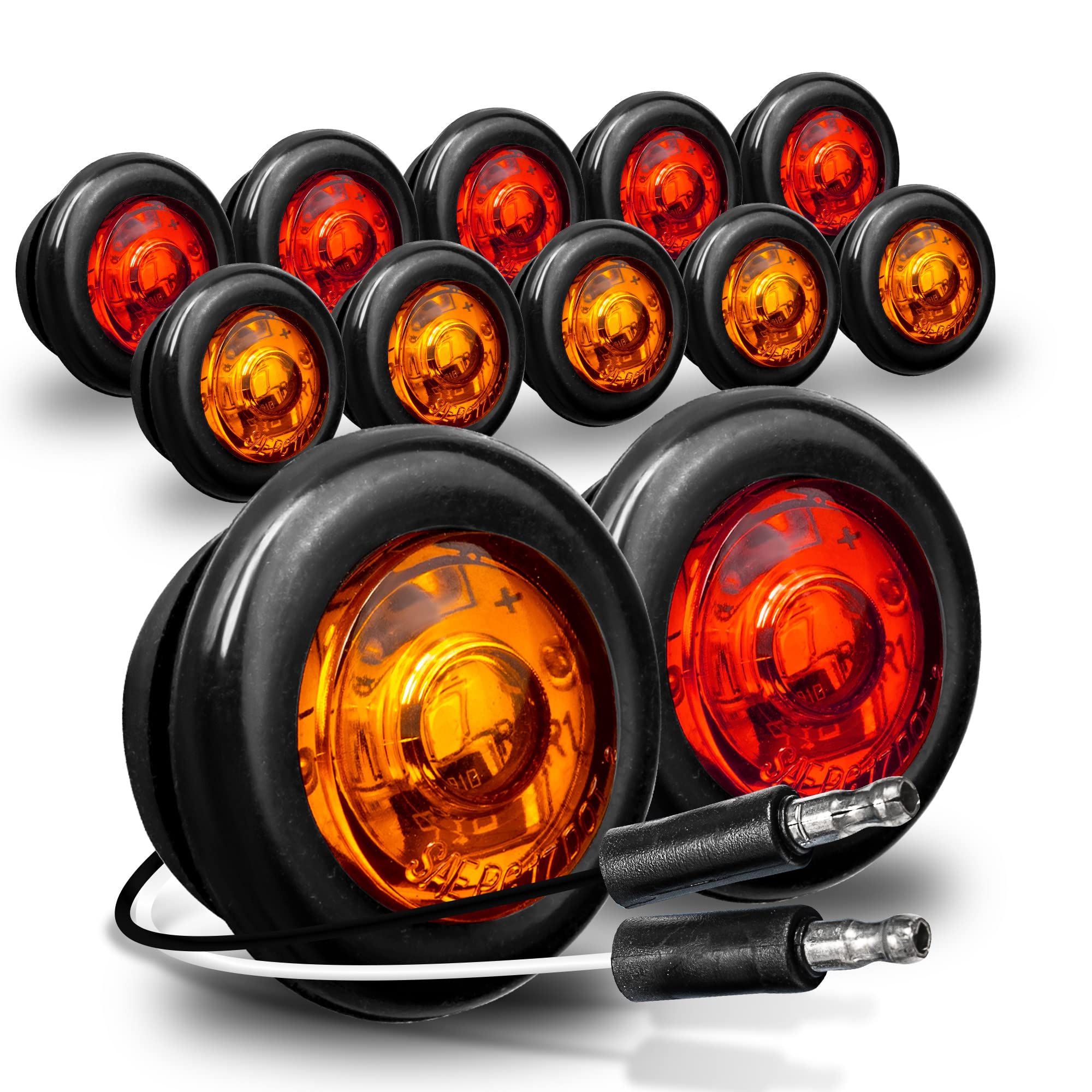 TRUE MODS 12pc 3/4' Inch Round Amber + Red Trailer 12V LED Marker Light [DOT FMVSS 108] [SAE P2PC] [Semi-Spherical Output] [IP67 Waterproof] [Bullet Style] Small Clearance Markers for Trailer Truck RV