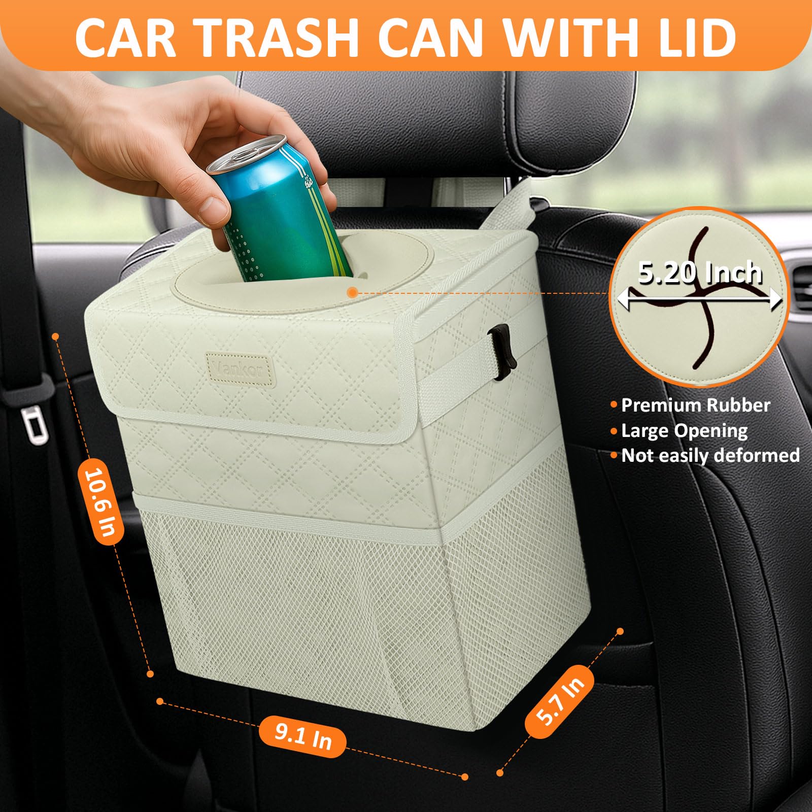 Vankor White Car Trash Can Cute, White Car Accessories For Women Waterproof Automotive Garbage Cans Leak Proof Vehicle Trash Can