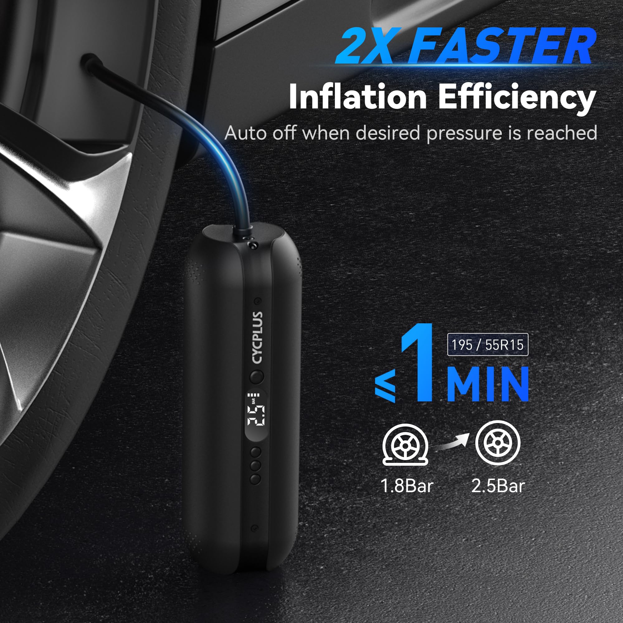 Cycplus Tire Inflator Portable Air Compressor - 150Psi Cordless Air Pump With Digital Tire Pressure Gauge, Accurate Lcd Display