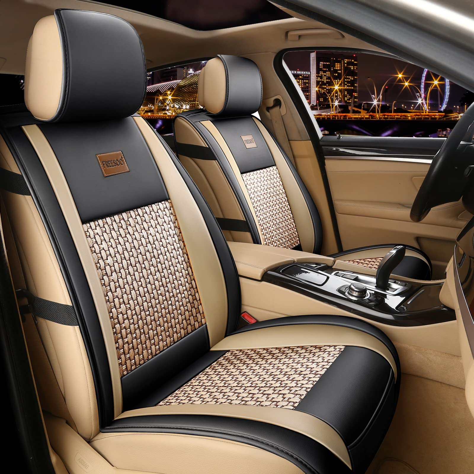 Freesoo Car Seat Cover Full Set, Leather Seat Covers Accessories Waterproof Cushion Universal Fit 5 Seats Sedan Suv Pick-Up Truc