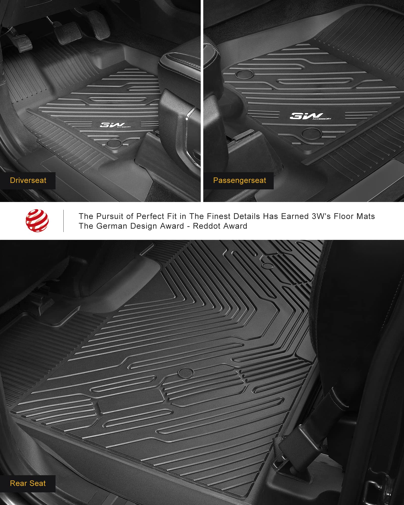 3W Floor Mats & Front Carpet Fit For Ford F150/F-150 Lighting Supercrew Cab 2015-2024, Tpe All Weather Accessories Custom Fit Fu