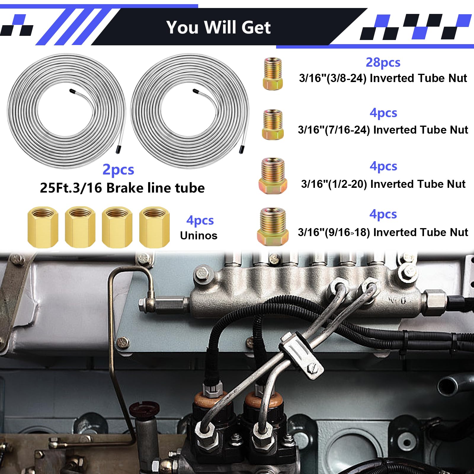smseace 2Sets 25Ft. 3/16'' Brake Line Tubing Kit with Fittings(Includes 32pcs Fittings and 4pcs Unions+8pcs Nuts) Zinc-Coated Br