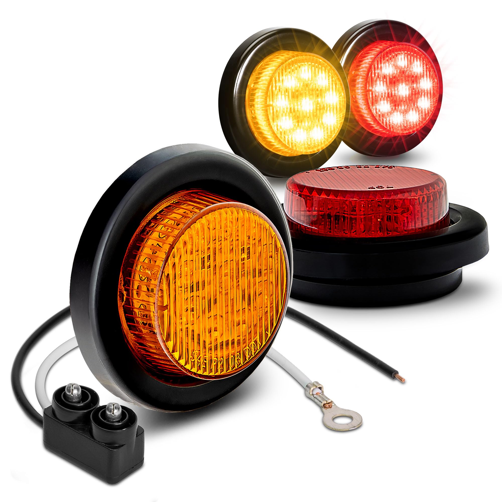 True Mods 4Pc 2'' 12V Amber + Red Round Led Clearance Side Marker Light Kit [Dot Approved] [Reflector Lens] [Grommet & Plugs] [F