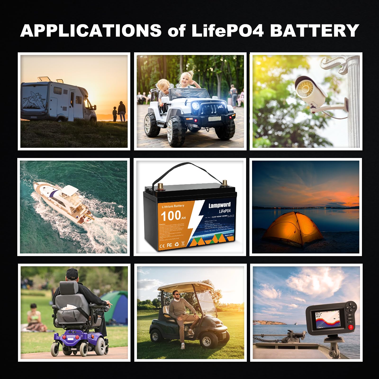 Lampword 12v 100AH Lifepo4 Battery 4000+ Deep Cycle Marine Lithium Battery/Power Wheels 12v Battery,Trolling Motor/Golf Cart/Sol