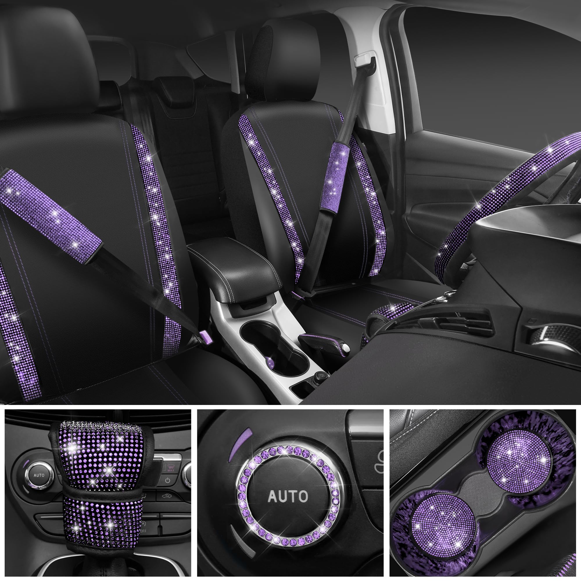 Car Pass Leather Diamond Bling Seat Covers Sets 11 Pcs, Bling Car Accessories Set For Women, Sparkly Rhinestone Steering Wheel C