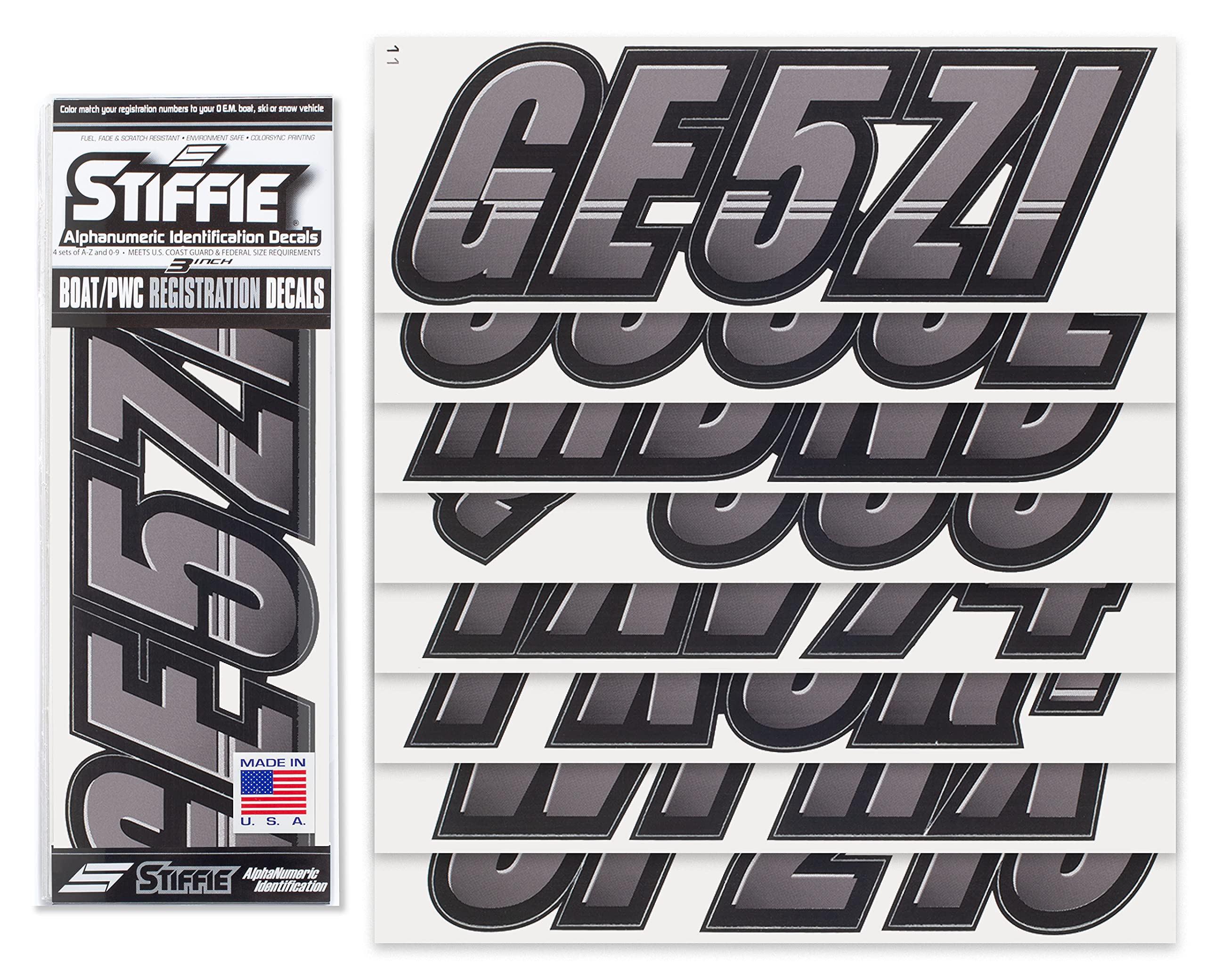 Stiffie Techtron Gunmetal/Black 3'' Boat & Pwc Registration Decals  Numbers Letters Stickers