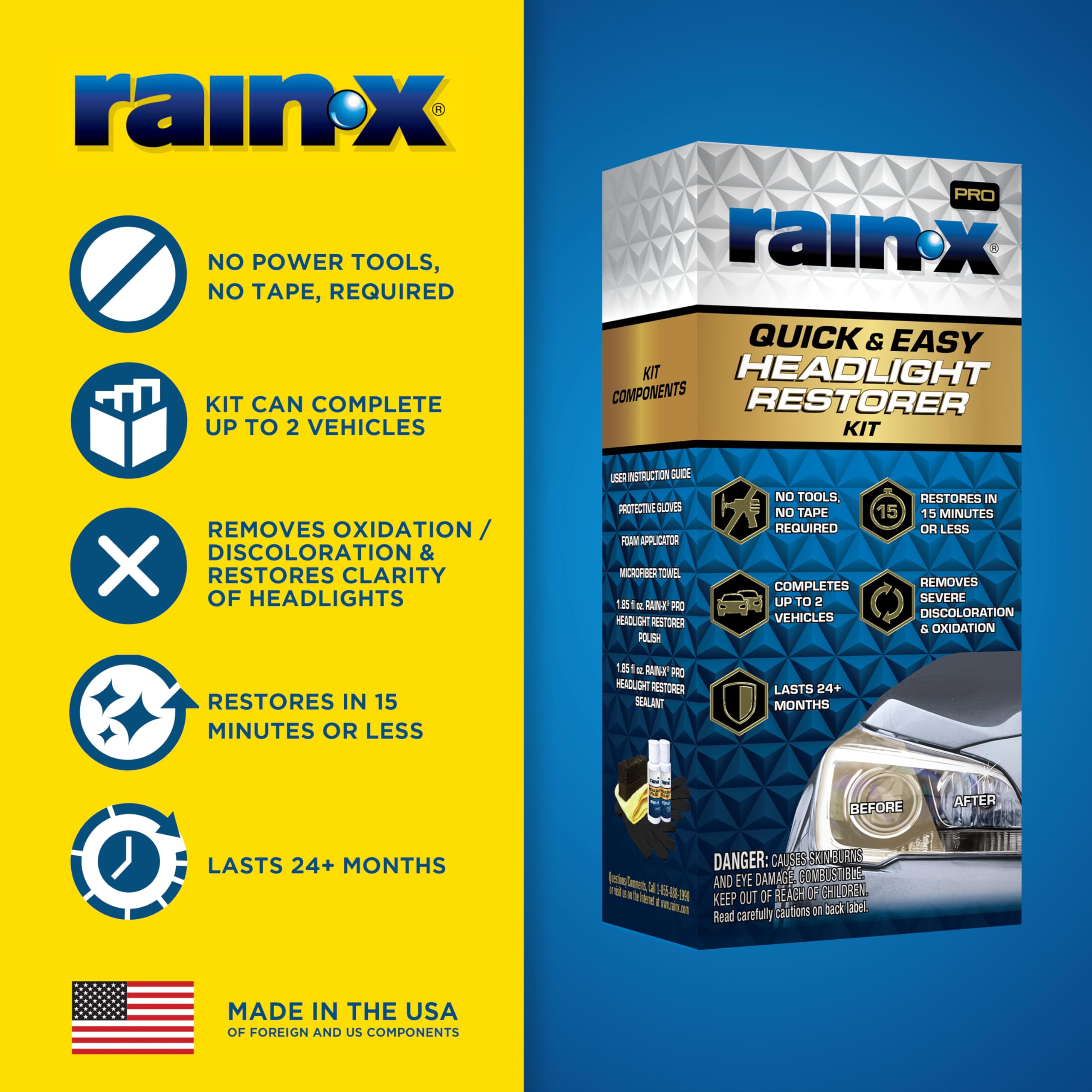 Rain-X 610200 2-Step Headlight Restorer Kit, Restores Clarity Of Headlights Preventing Oxidation & Discoloration, Quick & Effect