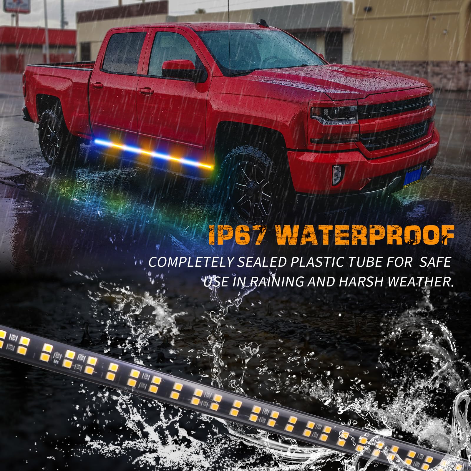 Xridonsen 2Pcs 70 Inch Truck Amber Blue Strobe Lights Strip 864 Led Emergency Running Board Lights Flashing Warning Hazard Cauti