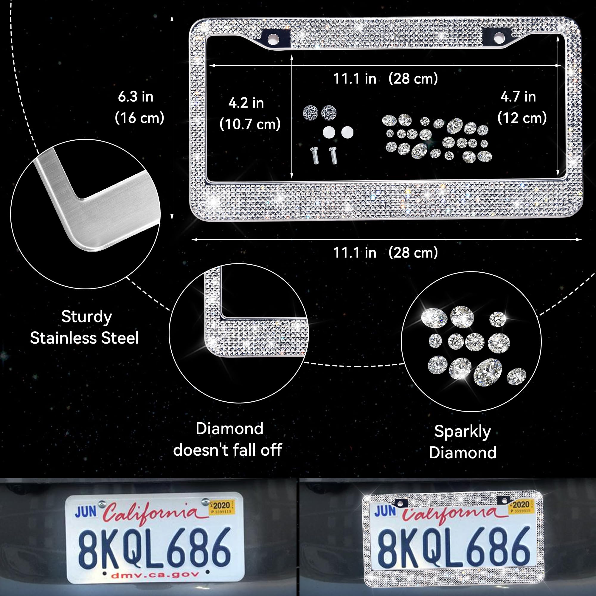 CAR PASS 30 PCS Bling Car Accessories Set for Women, Bling Steering Wheel Covers 15 Inch, Shining Rhinestone License Plate Frame