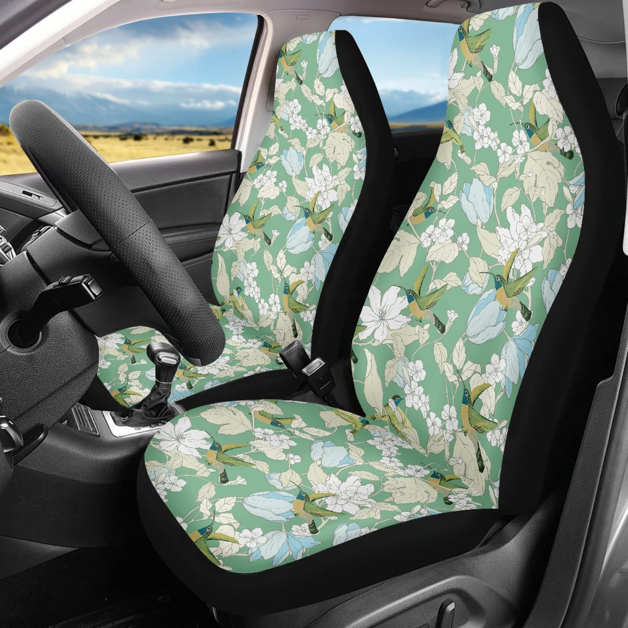 Toaddmos Auto Front Seat Cover, Floral With Hummingbird Print Universal Car Seat Cover Protector, Fit Most Vehicle Decorative Se