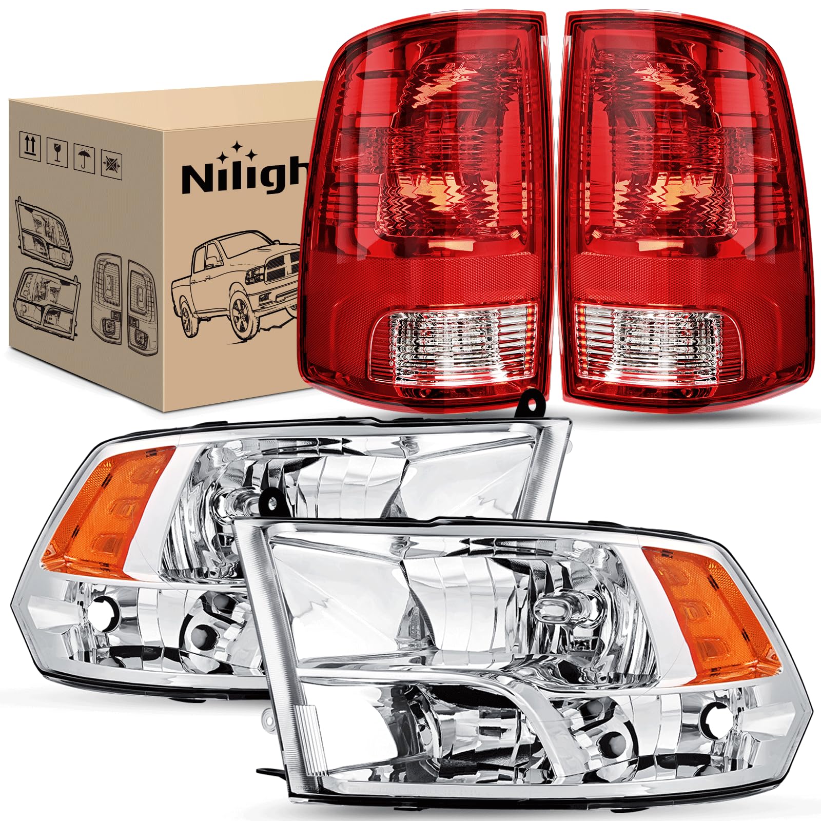 Nilight Headlight And Taillight Assembly Combo Compatible With 2009 2010 2011 2012 2013 2014 2015 2016 2017 2018 Dodge Ram For Q