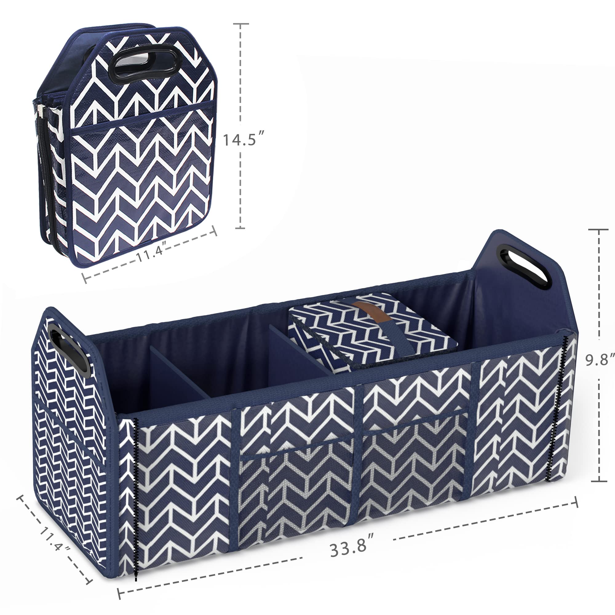 Trunk Organizer For Car, Foldable Car Storage Bag Portable Insulation Cooler Bag Collapsible Vehicle Organizer Divider Storage Totes With 4 Compartment Cargo Tote For Groceries Caddy Suv, Navy Blue