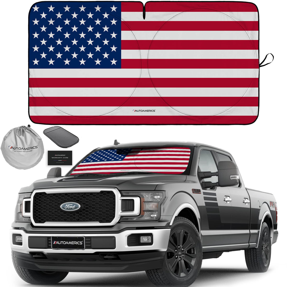 Autoamerics Truck Windshield Sun Shade With Storage Pouch & Anti-Slip Dash Pad - Foldable Original Usa Flag Design - Fits Most S