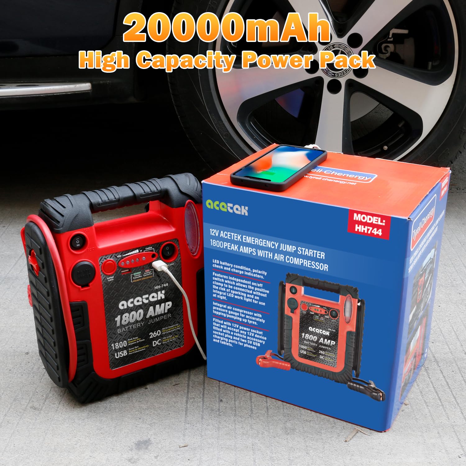 1800 Amp Jump Starter With Air Compressor, Acetek Car Battery Jump Starter 260 Psi Tire Inflator, 20000Mah 12V Auto Lead-Acid Battery Booster (Up To 6L Gas Or 6L Diesel Engine) With Led Light & Usb
