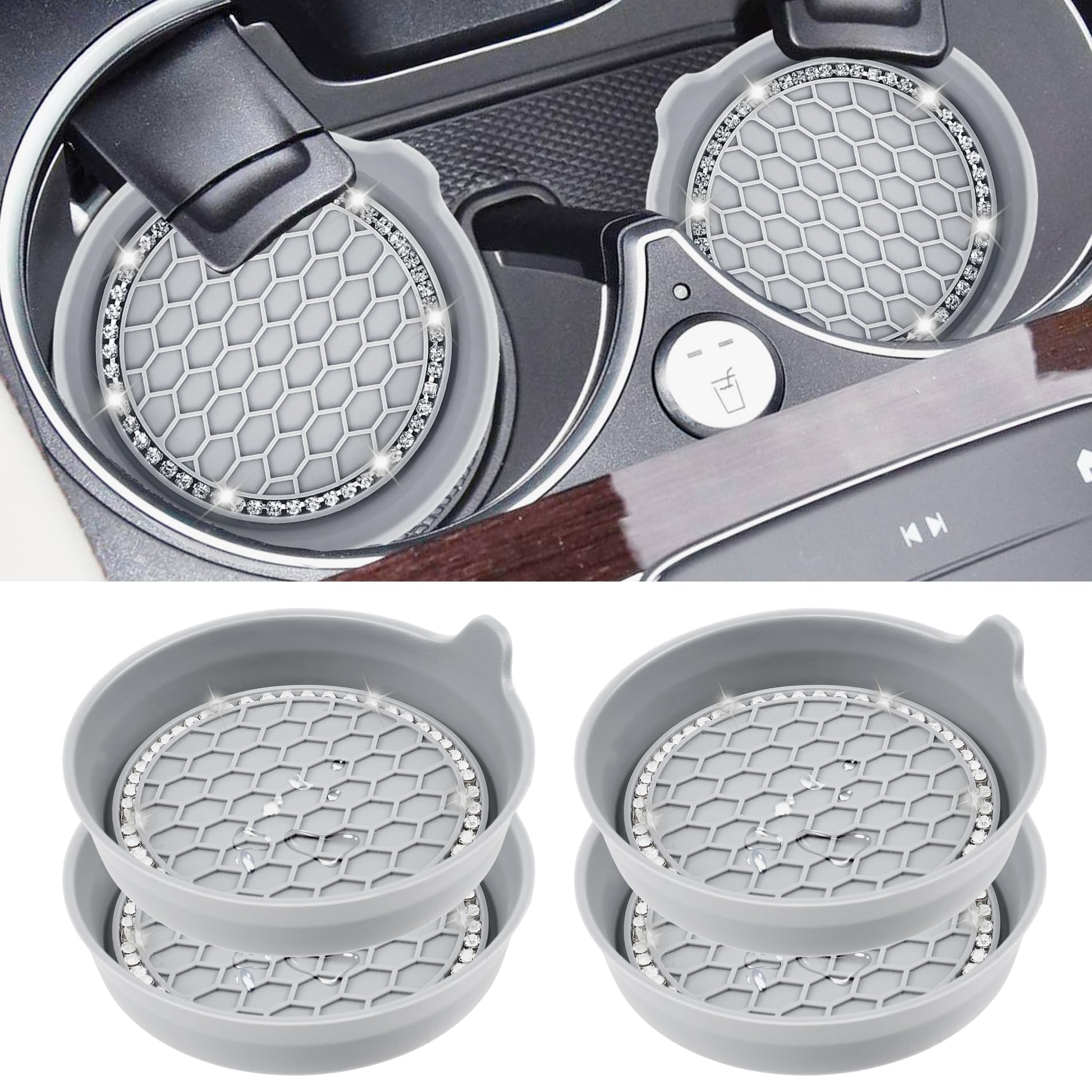 Amooca Car Cup Coaster Universal Non-Slip Cup Holders Bling Crystal Rhinestone Car Interior Accessories 4 Pack Light Gray