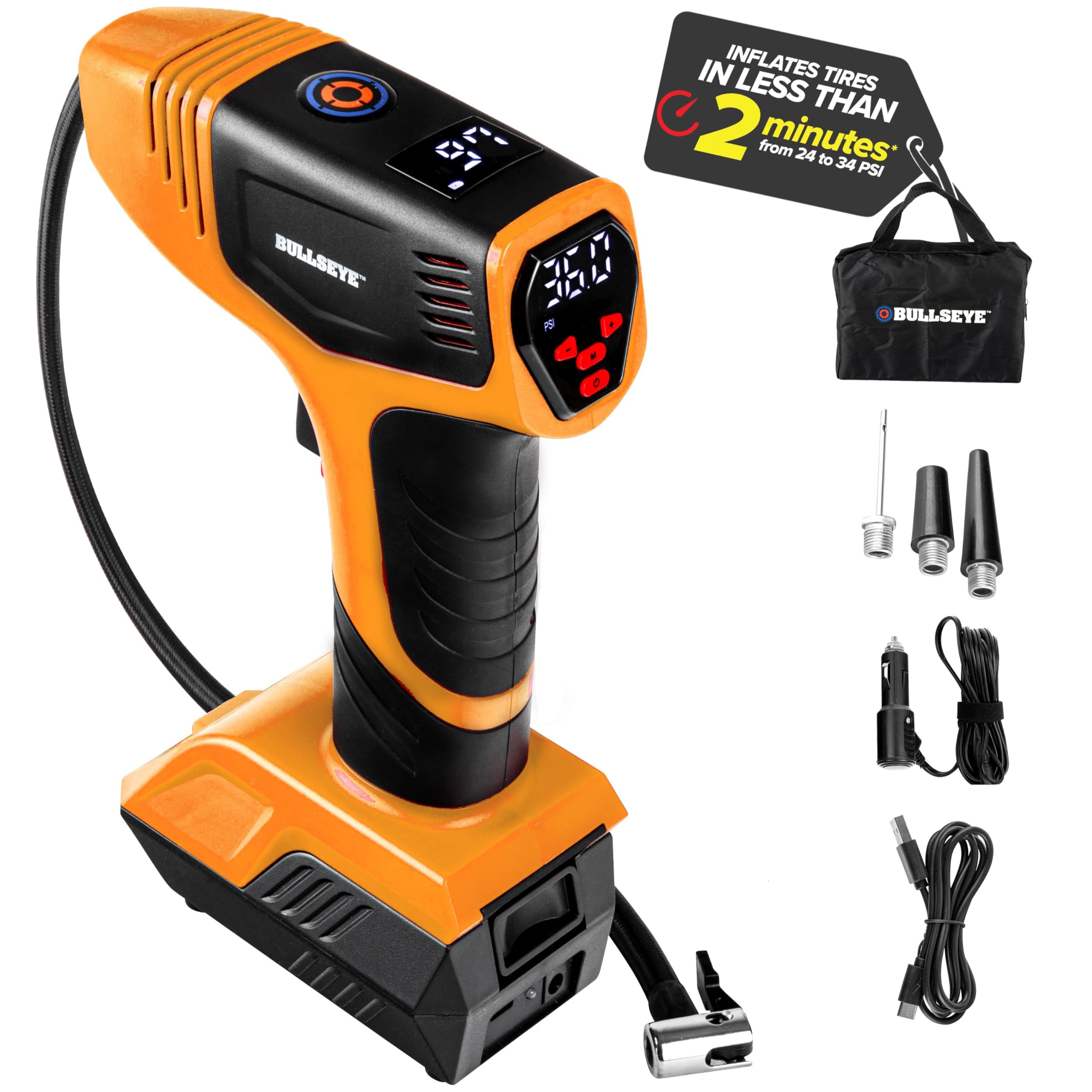 Emson Bullseye Pro Ason Tv Digital Tire Inflator Automatic 150 Psi W/Gauge Display Screen & Pre-Set Pressure In Kpa,Psi,Bar,Kg/C