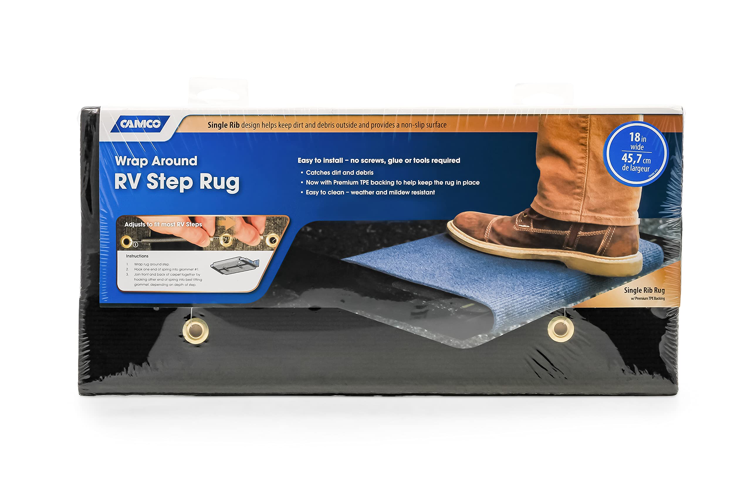 Camco Wrap Around Rv Step Rug | 17.5'' X 18'' | Black | 42904