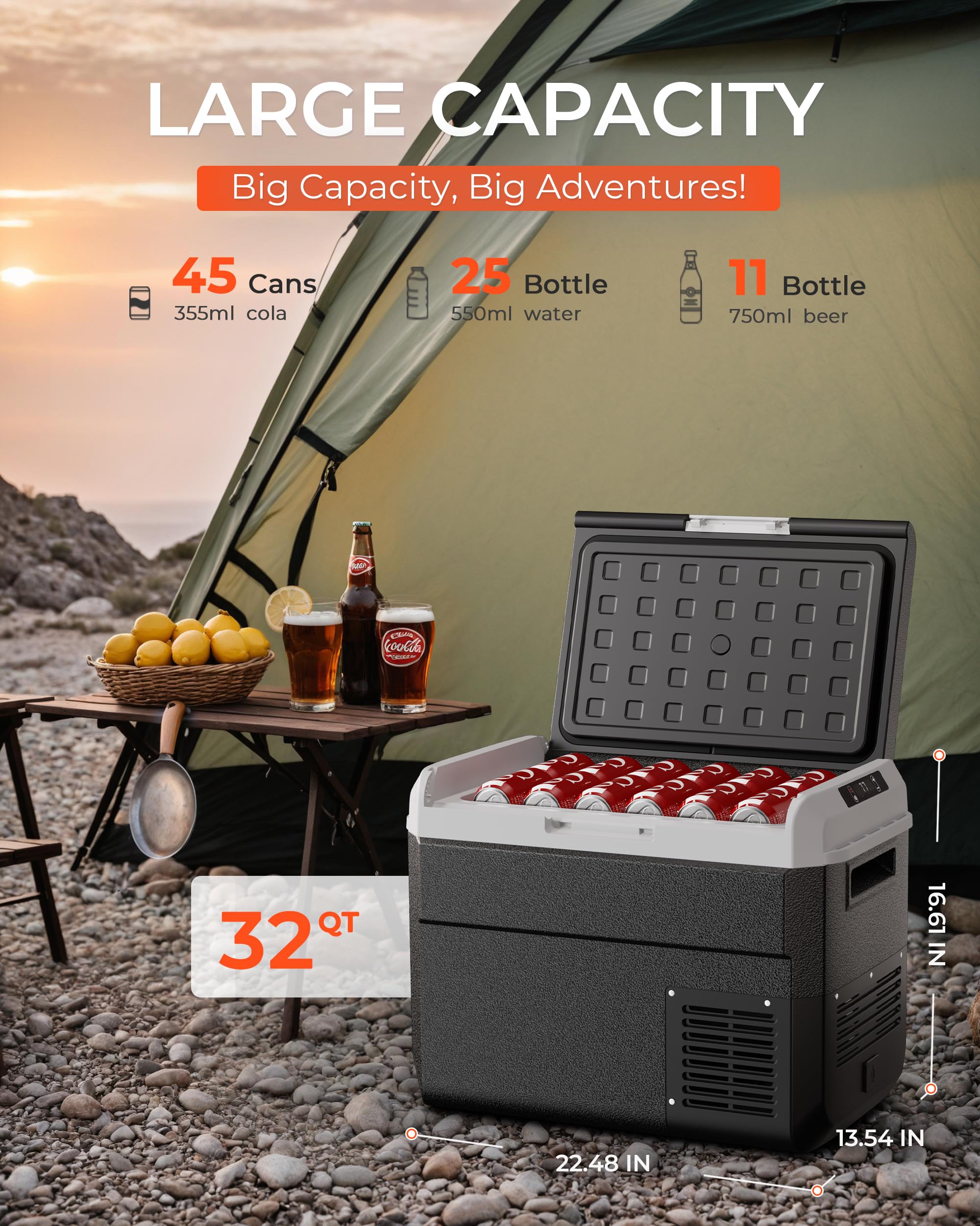 EKOJUCE 12V Refrigerator - 32QT Portable Electric Cooler, APP Control, Black, Model XCF-30, for Truck, RV, Camping, Travel