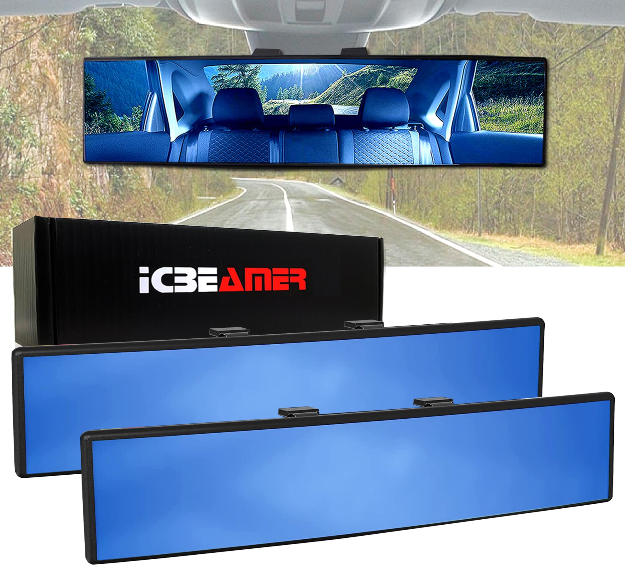 Icbeamer 9.5'' Car Rear View Mirror, Clear Blue Tint Convex Surface, 240Mm Panoramic Wide Angle Blindspot Mirror For Car,Rubber