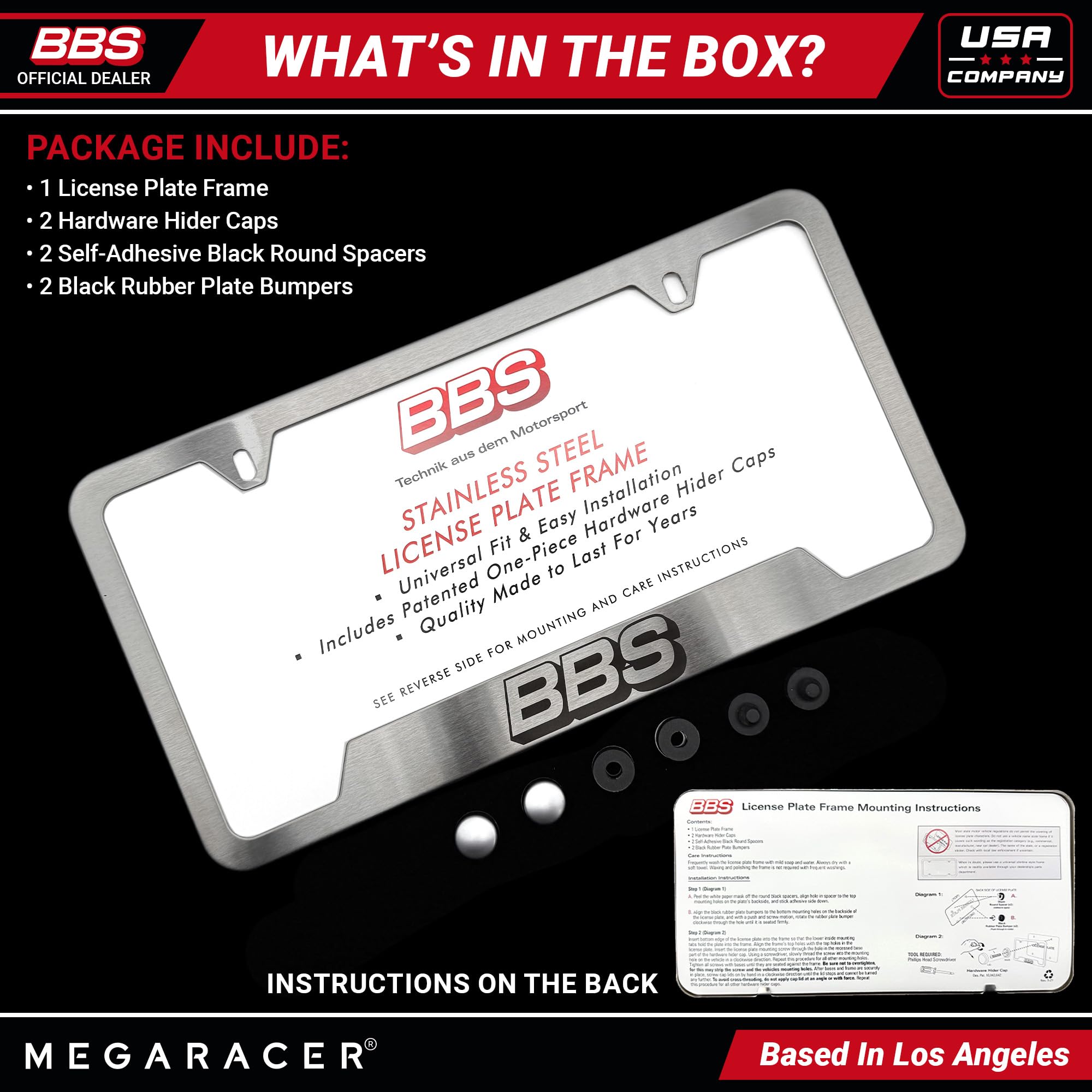 Mega Racer BBS License Plate Frame - Brushed Chrome Stainless Steel, Rustproof, Universal Fit, 1 Piece