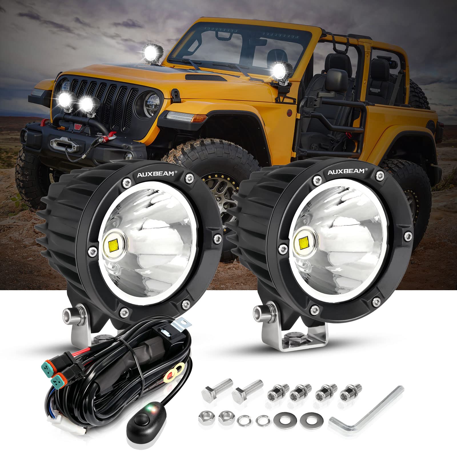 Auxbeam 4 Inch 72W Round Offroad Lights 2Pcs 7200Lm Led Pod Lights Spot Led Driving Fog Work Lights With Wiring Harness Fit For