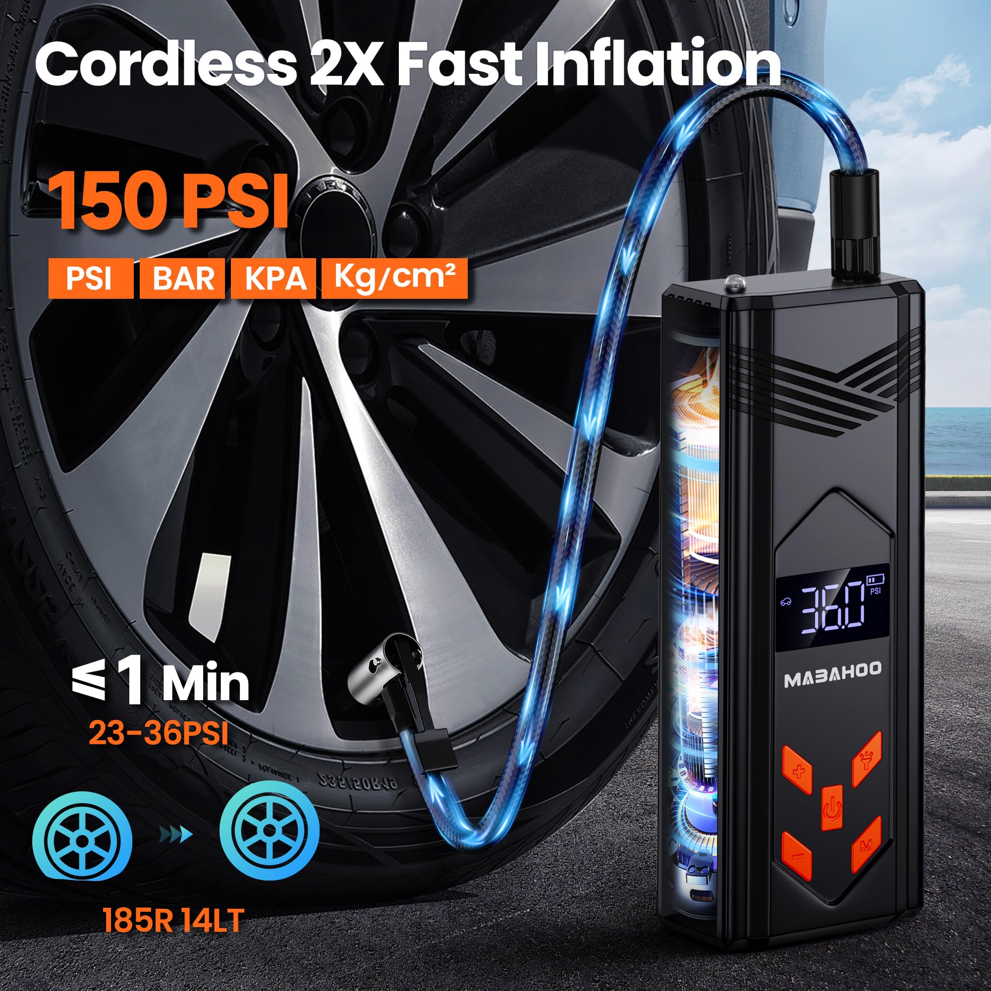 Mabahoo Jump Starter with Air Compressor, 3000A Battery Pack, 150PSI Inflator, LCD Display, Black, Model YD06