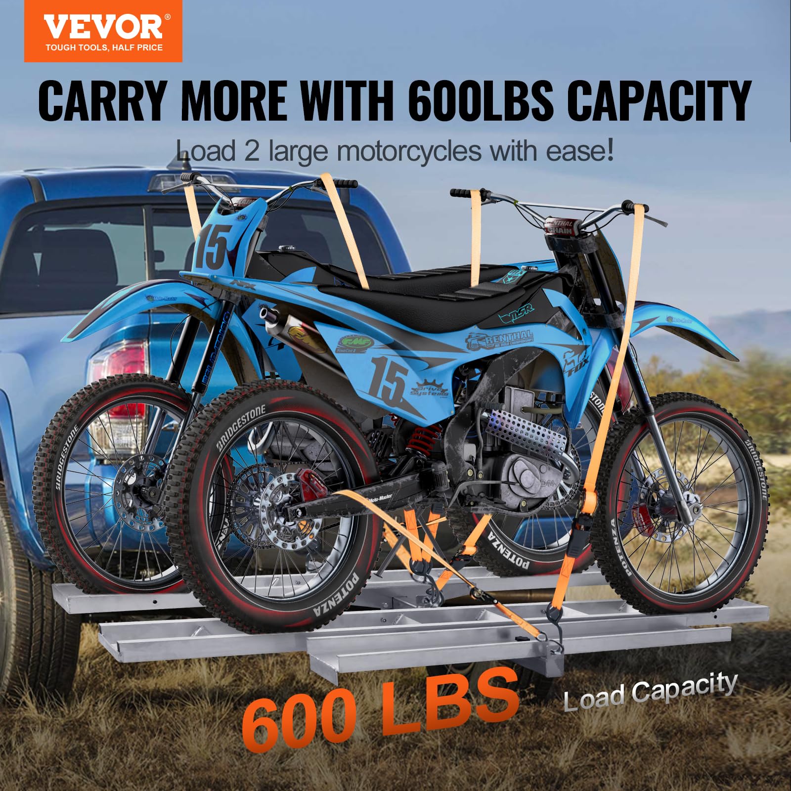 VEVOR Motorcycle Carrier, 2-Bike 600 LBS Aluminum Motorcycle Carrier Hitch Mount, Loading Ramp, Scooter Dirt Bike Trailer Hauler